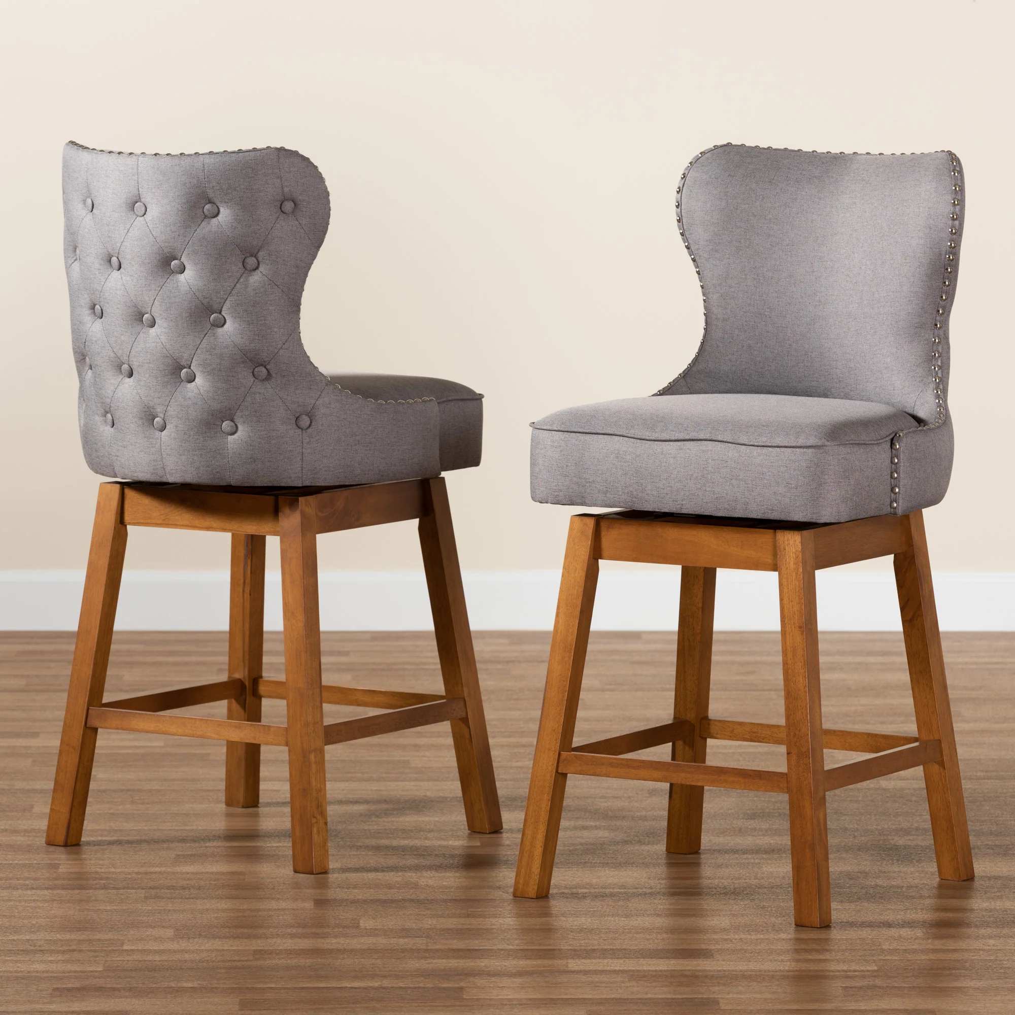 Baxton Studio Gradisca Modern Grey Fabric and Walnut Brown Finished Wood 2-Piece Swivel Counter Stool Set - Image 9