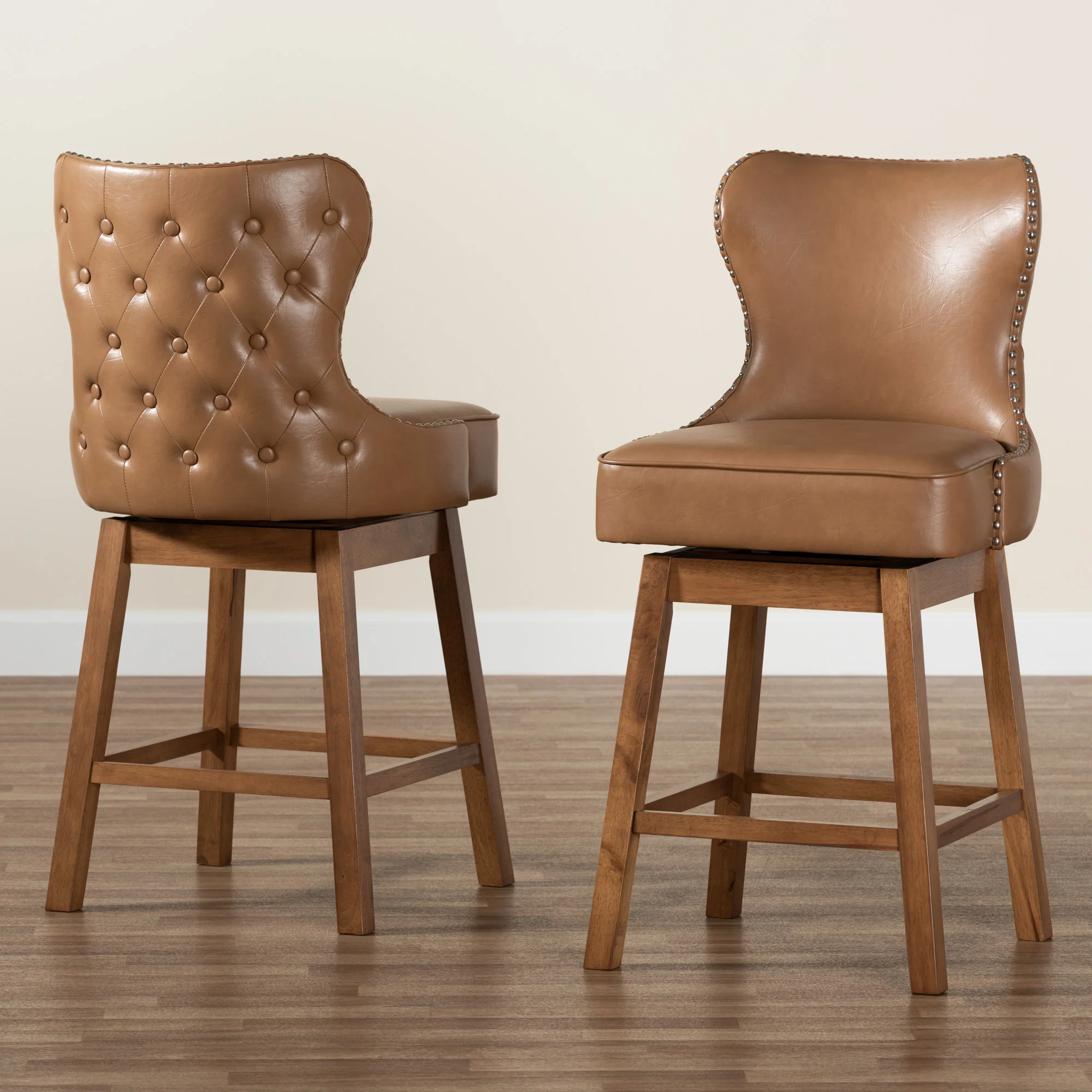 Baxton Studio Gradisca Modern Tan Faux Leather and Walnut Brown Finished Wood 2-Piece Swivel Counter Stool Set - Image 2