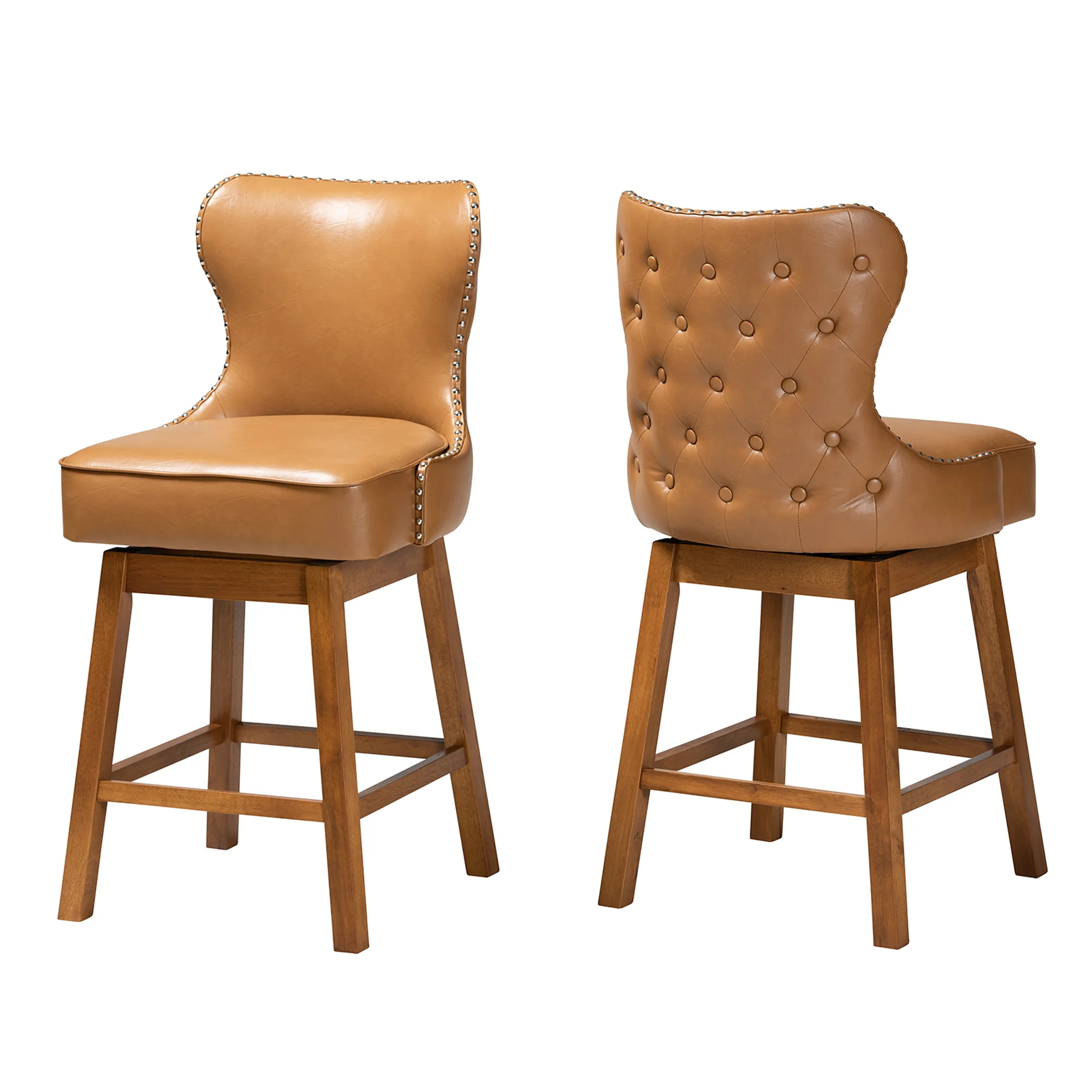 Baxton Studio Gradisca Modern Tan Faux Leather and Walnut Brown Finished Wood 2-Piece Swivel Counter Stool Set - Image 4