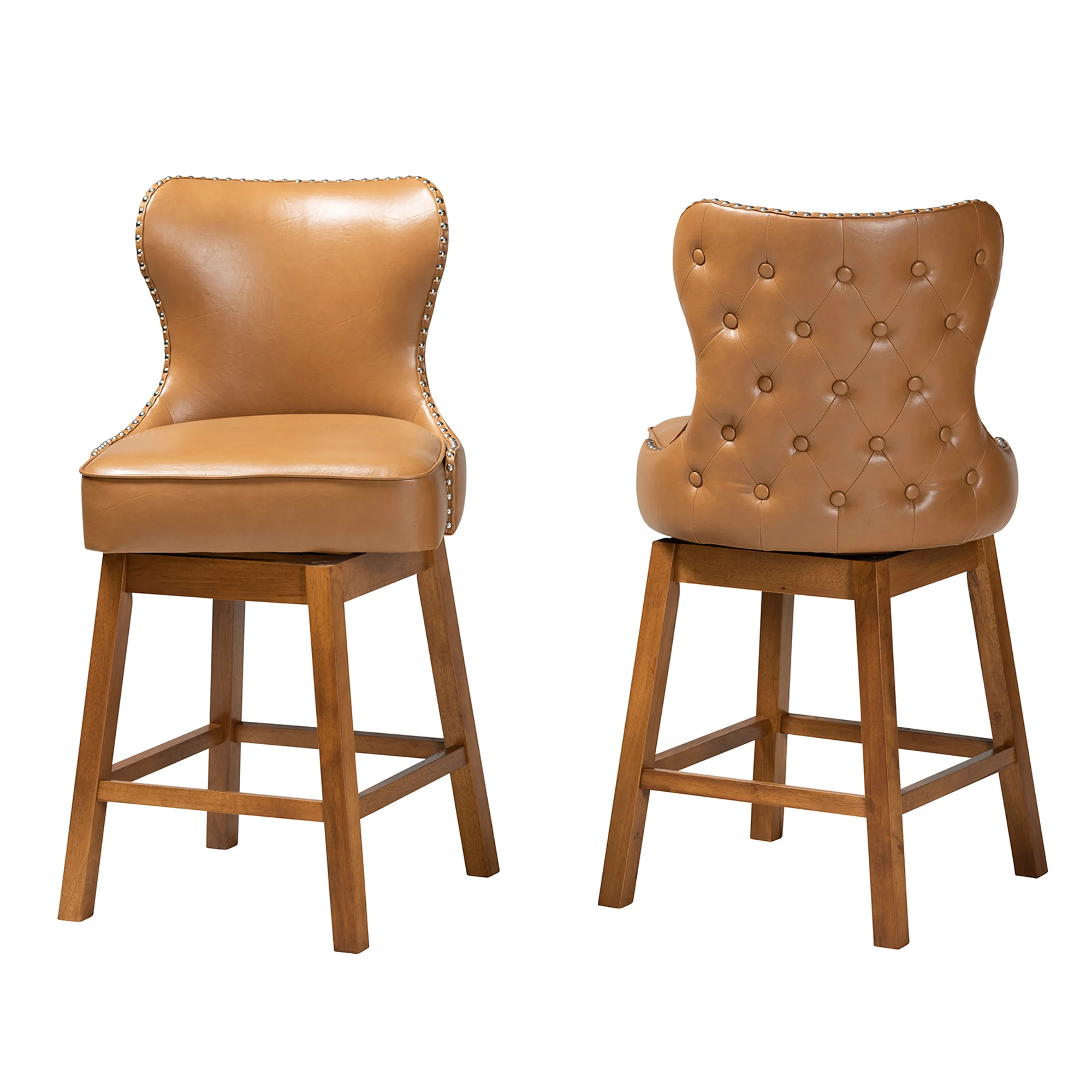Baxton Studio Gradisca Modern Tan Faux Leather and Walnut Brown Finished Wood 2-Piece Swivel Counter Stool Set - Image 5