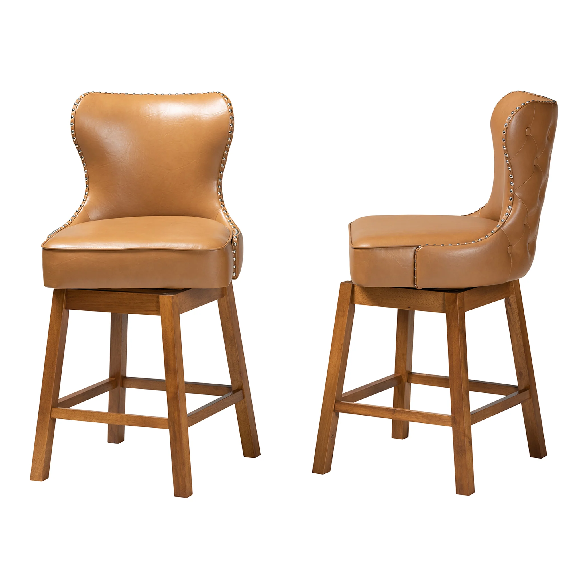 Baxton Studio Gradisca Modern Tan Faux Leather and Walnut Brown Finished Wood 2-Piece Swivel Counter Stool Set - Image 6