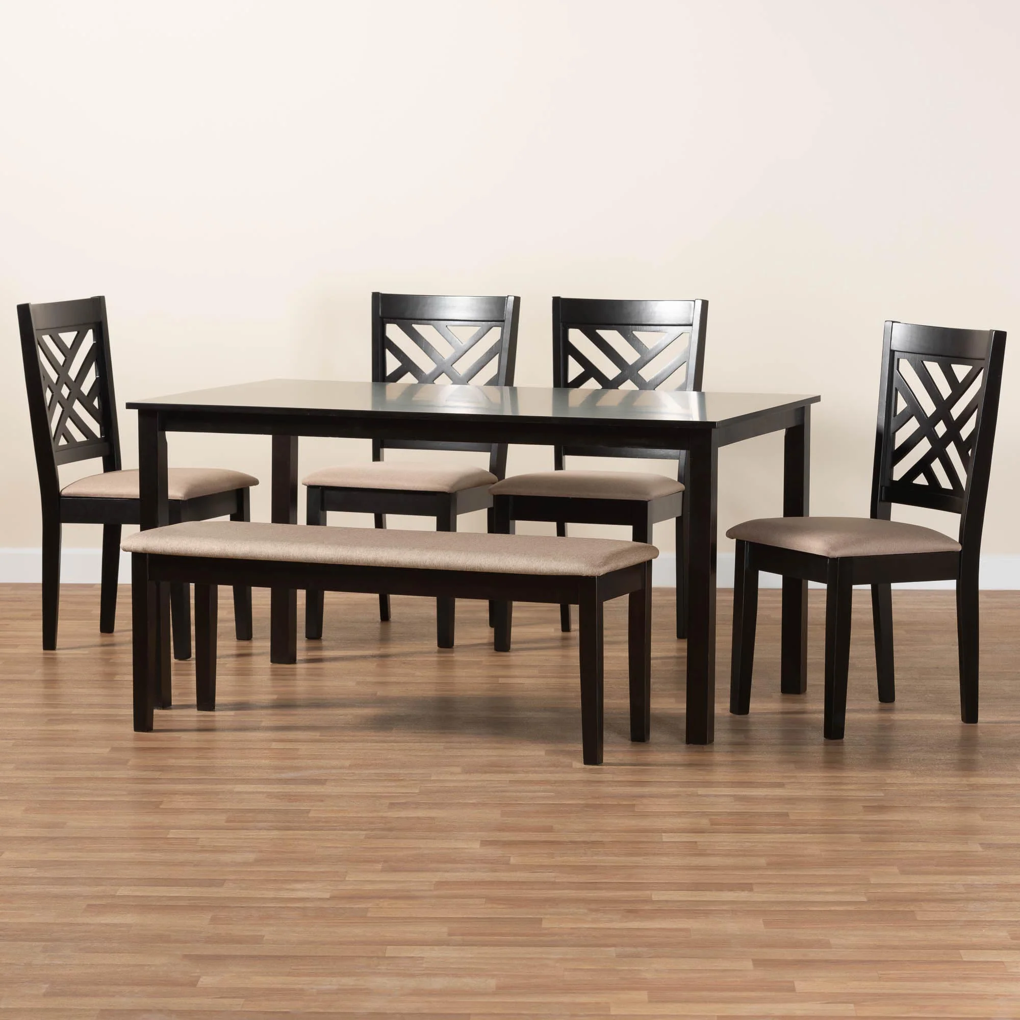 Baxton Studio Gustavo Modern Sand Fabric and Walnut Brown Finished Wood 6-Piece Dining Set - Image 9