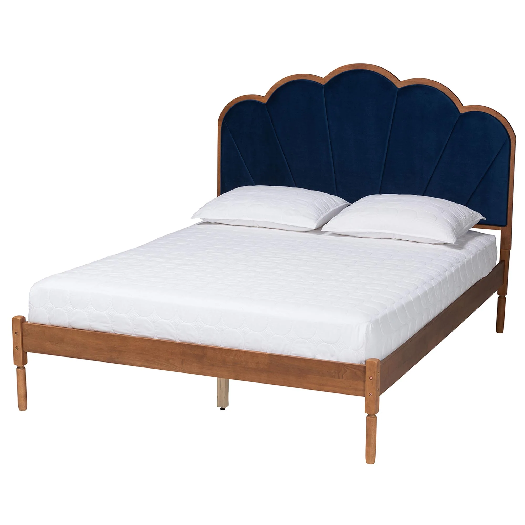 Baxton Studio Hadria Mid-Century Modern Navy Blue Velvet and Walnut Brown Finished Wood Queen Size Platform Bed - Image 2