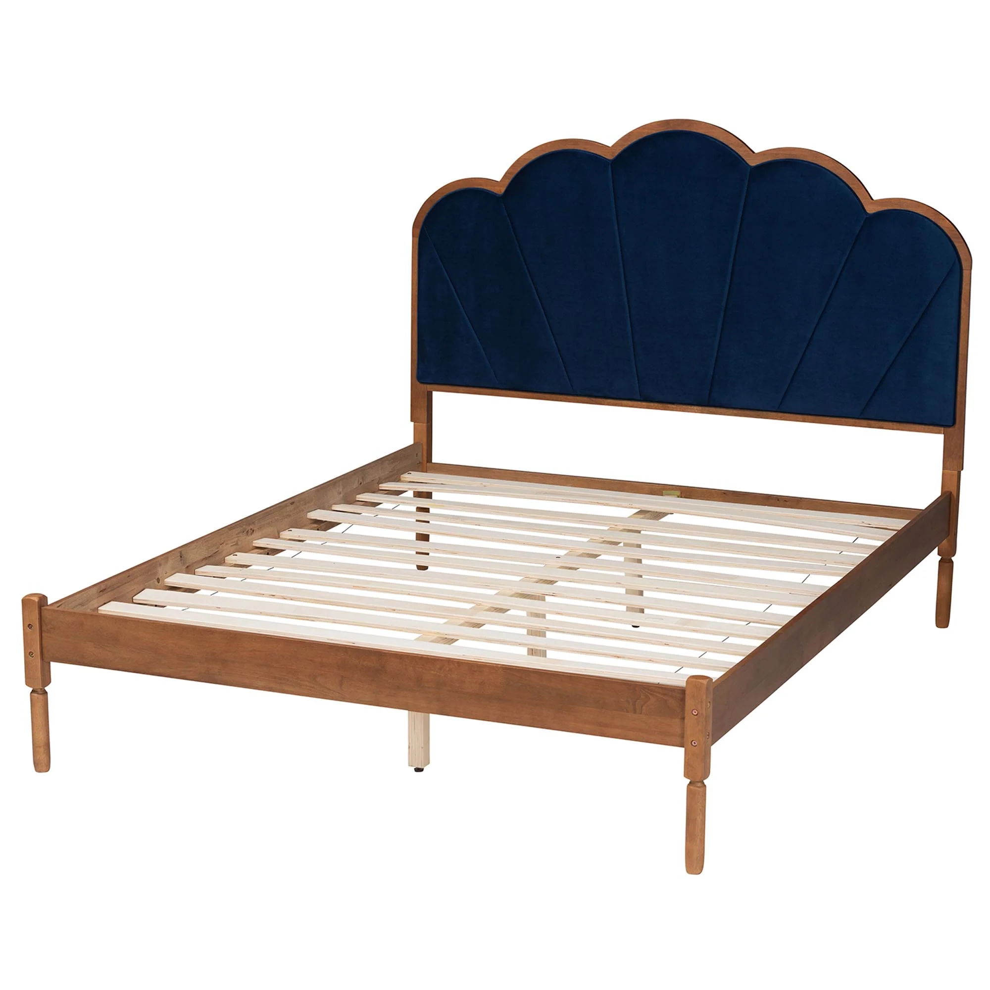 Baxton Studio Hadria Mid-Century Modern Navy Blue Velvet and Walnut Brown Finished Wood Queen Size Platform Bed - Image 4