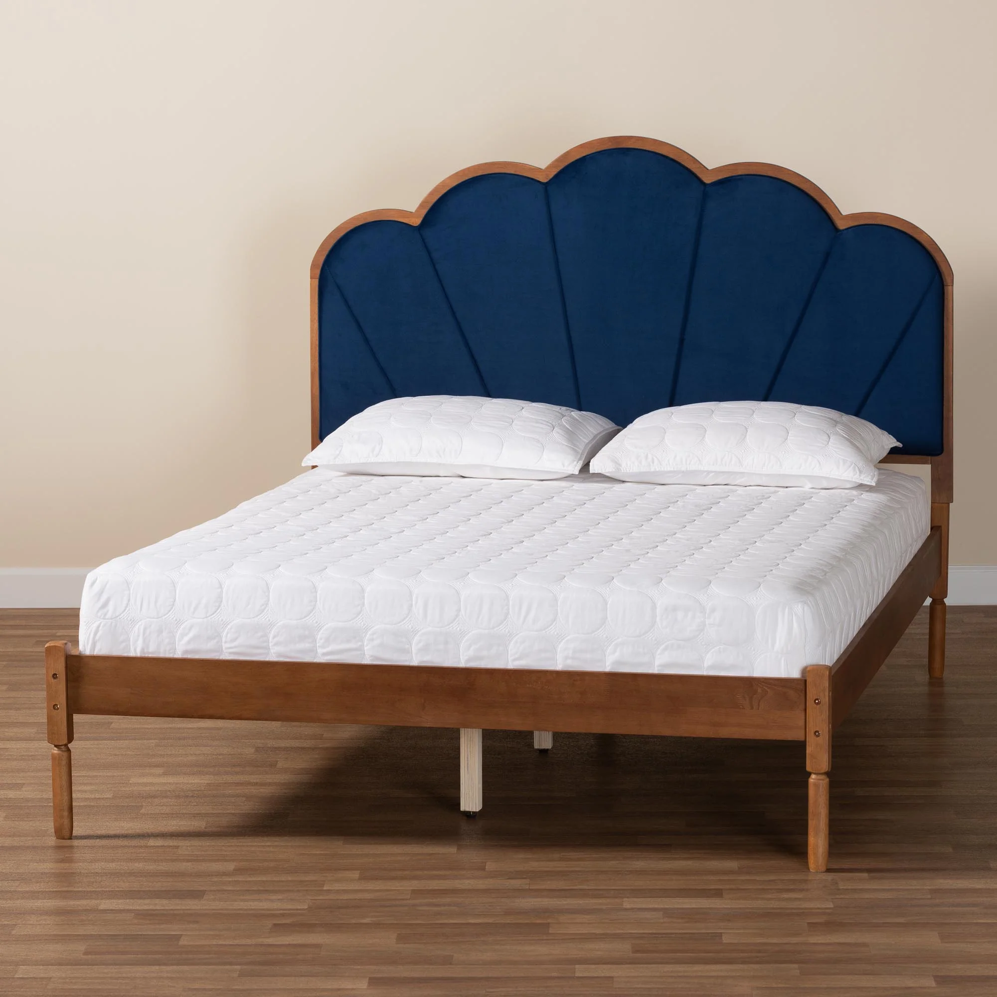 Baxton Studio Hadria Mid-Century Modern Navy Blue Velvet and Walnut Brown Finished Wood Queen Size Platform Bed - Image 9