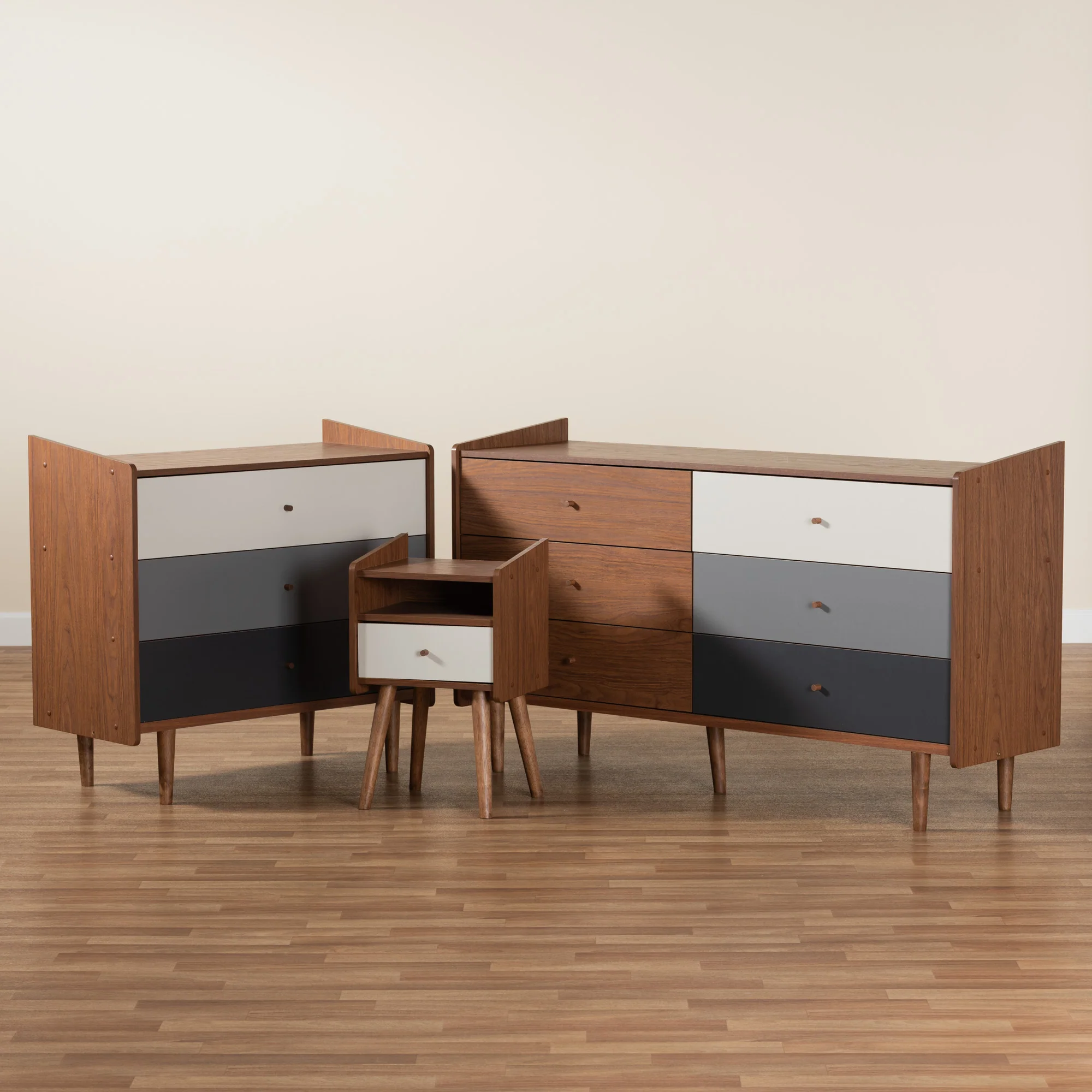 Baxton Studio Halden Mid-Century Modern Multicolor Walnut Brown and Grey Gradient Finished Wood 3-Piece Storage Set - Image 2