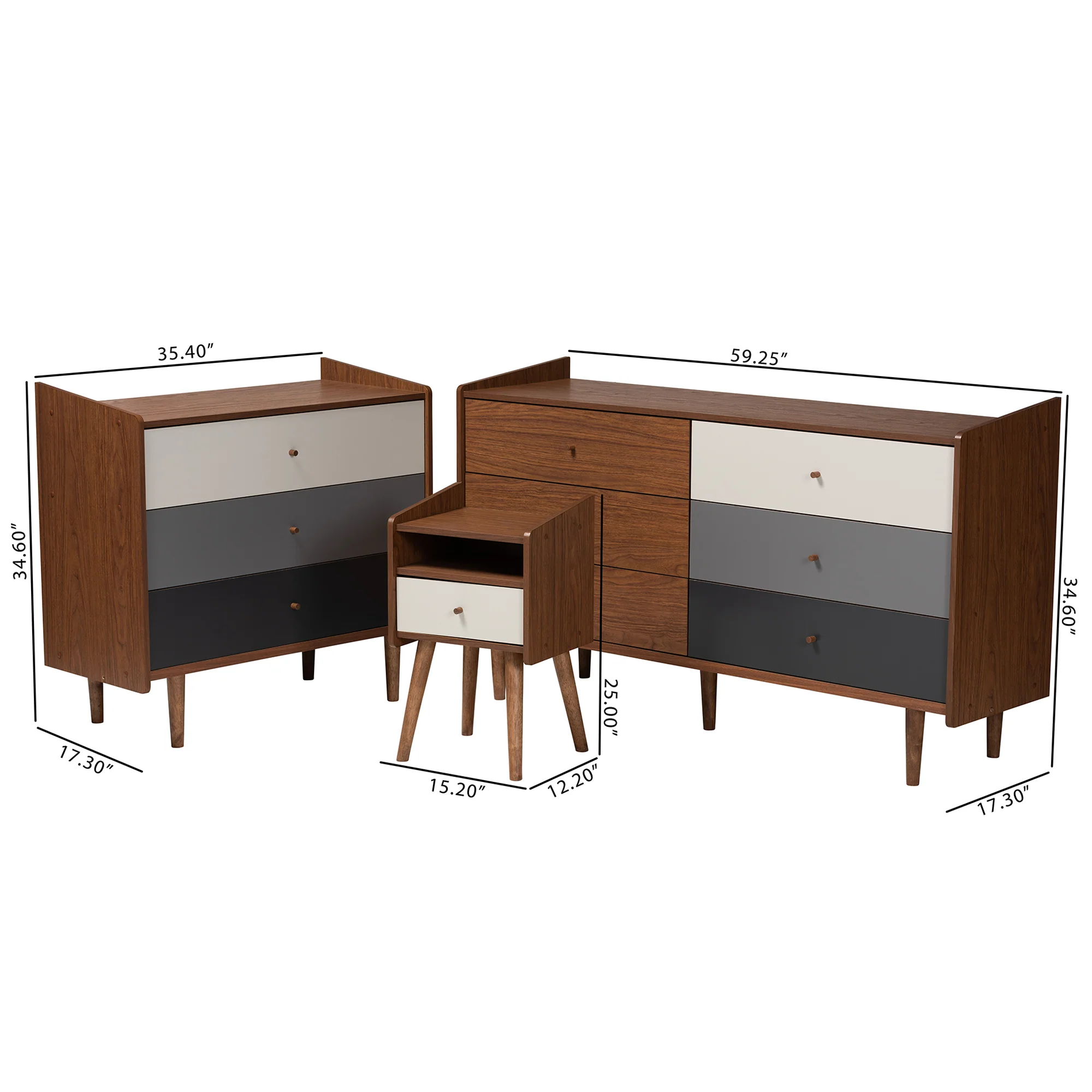Baxton Studio Halden Mid-Century Modern Multicolor Walnut Brown and Grey Gradient Finished Wood 3-Piece Storage Set - Image 3
