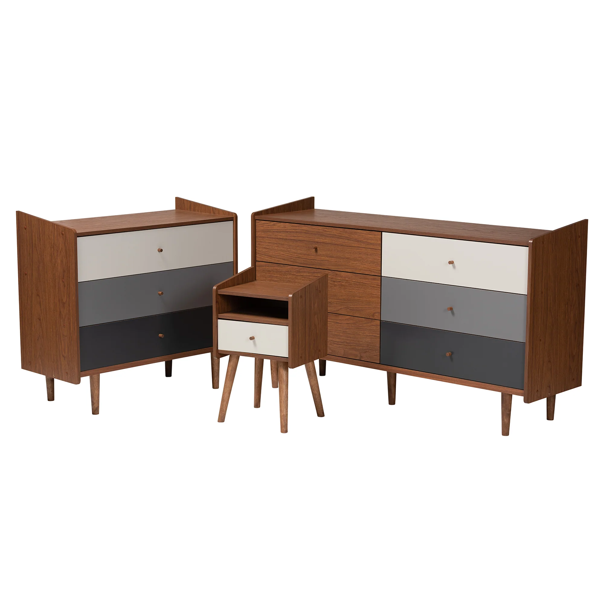 Baxton Studio Halden Mid-Century Modern Multicolor Walnut Brown and Grey Gradient Finished Wood 3-Piece Storage Set - Image 4