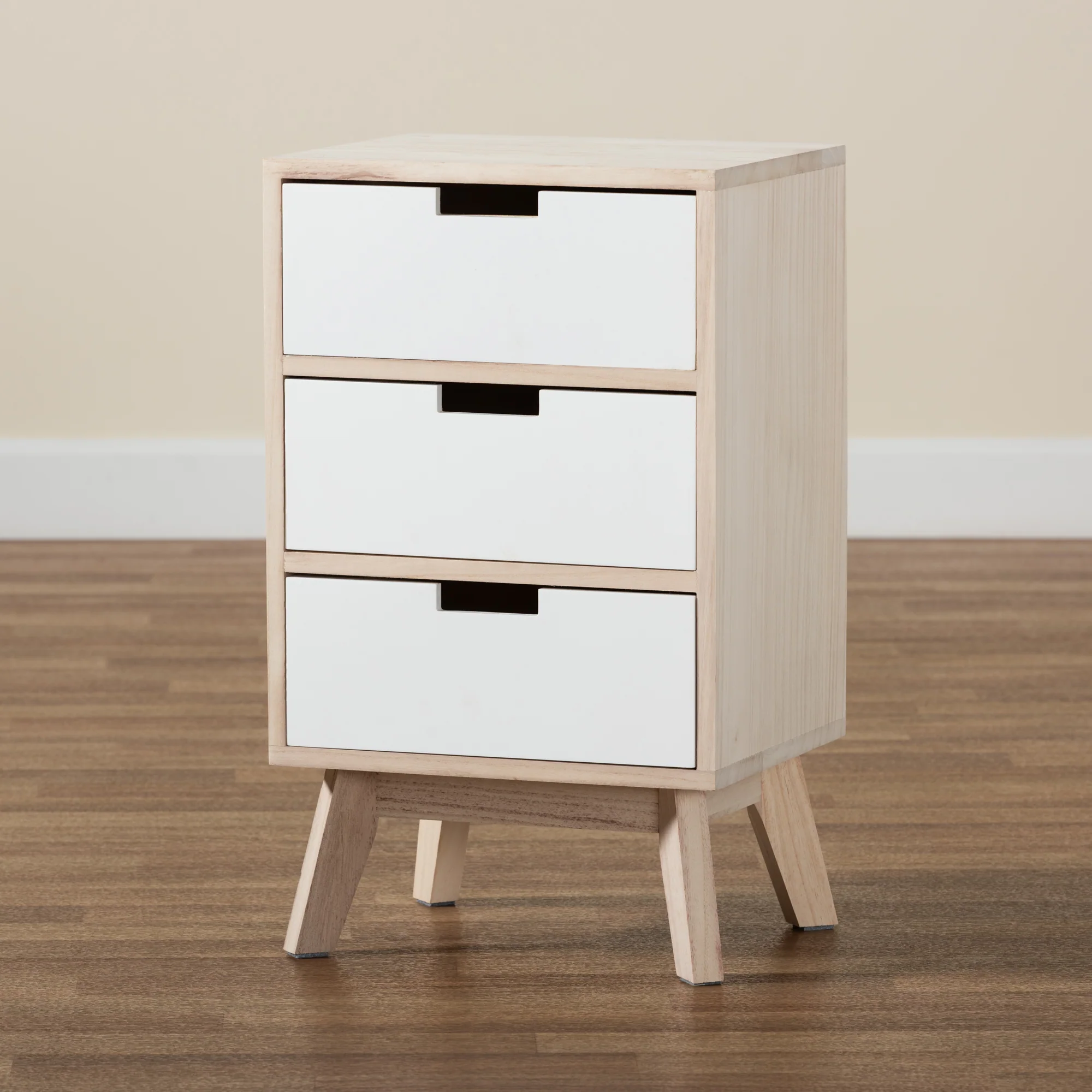 Baxton Studio Halian Mid-Century Modern Two-Tone White and Light Brown Finished Wood 3-Drawer End Table - Image 2