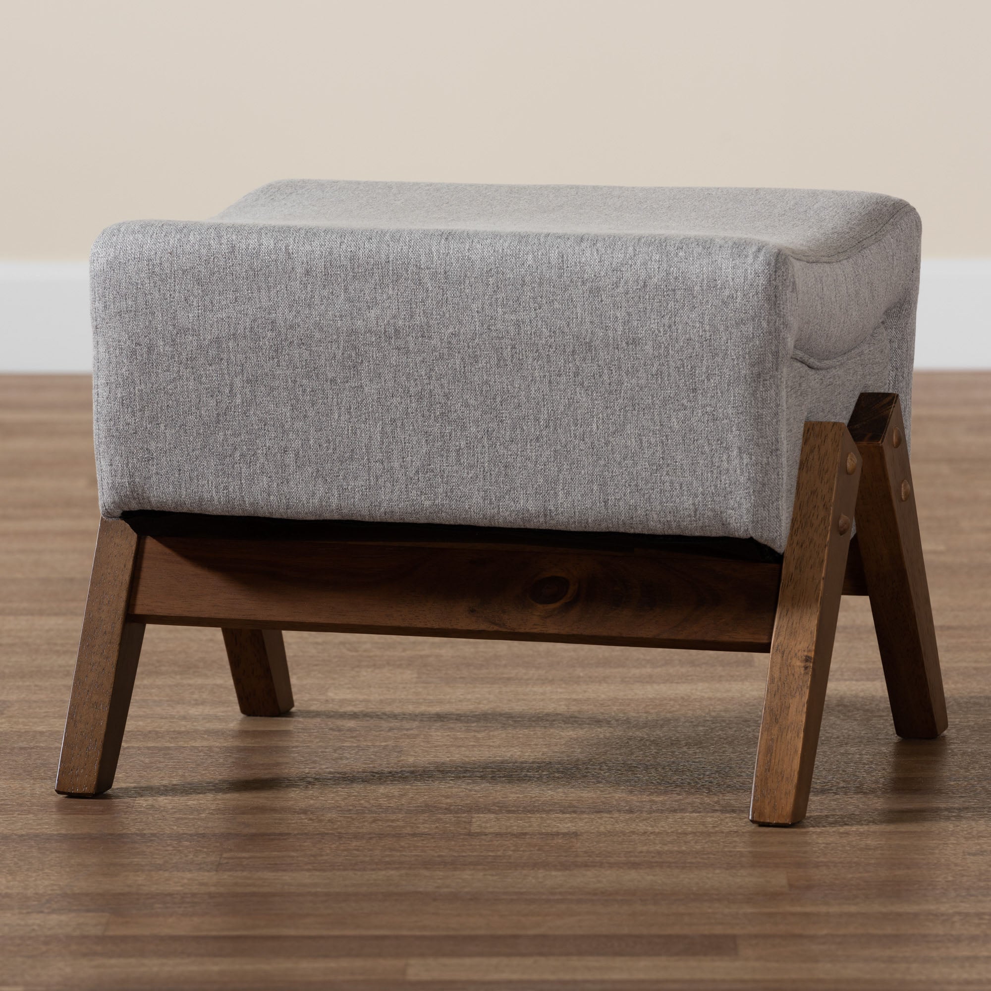 Baxton Studio Hanson Mid-Century Modern Light Grey Fabric and Walnut Brown Finished Wood Ottoman - Image 7