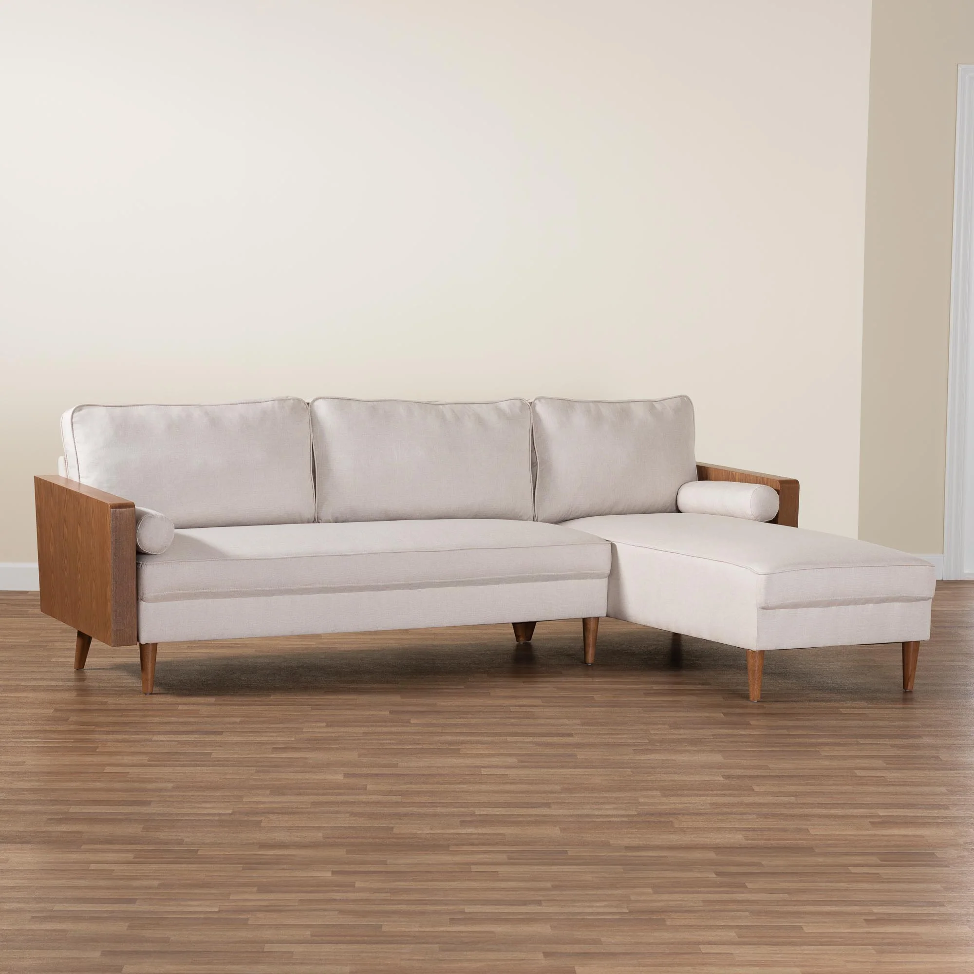 Baxton Studio Harleson Mid-Century Modern Beige Fabric and Walnut Brown Wood Right Facing Sectional Sofa - Image 8