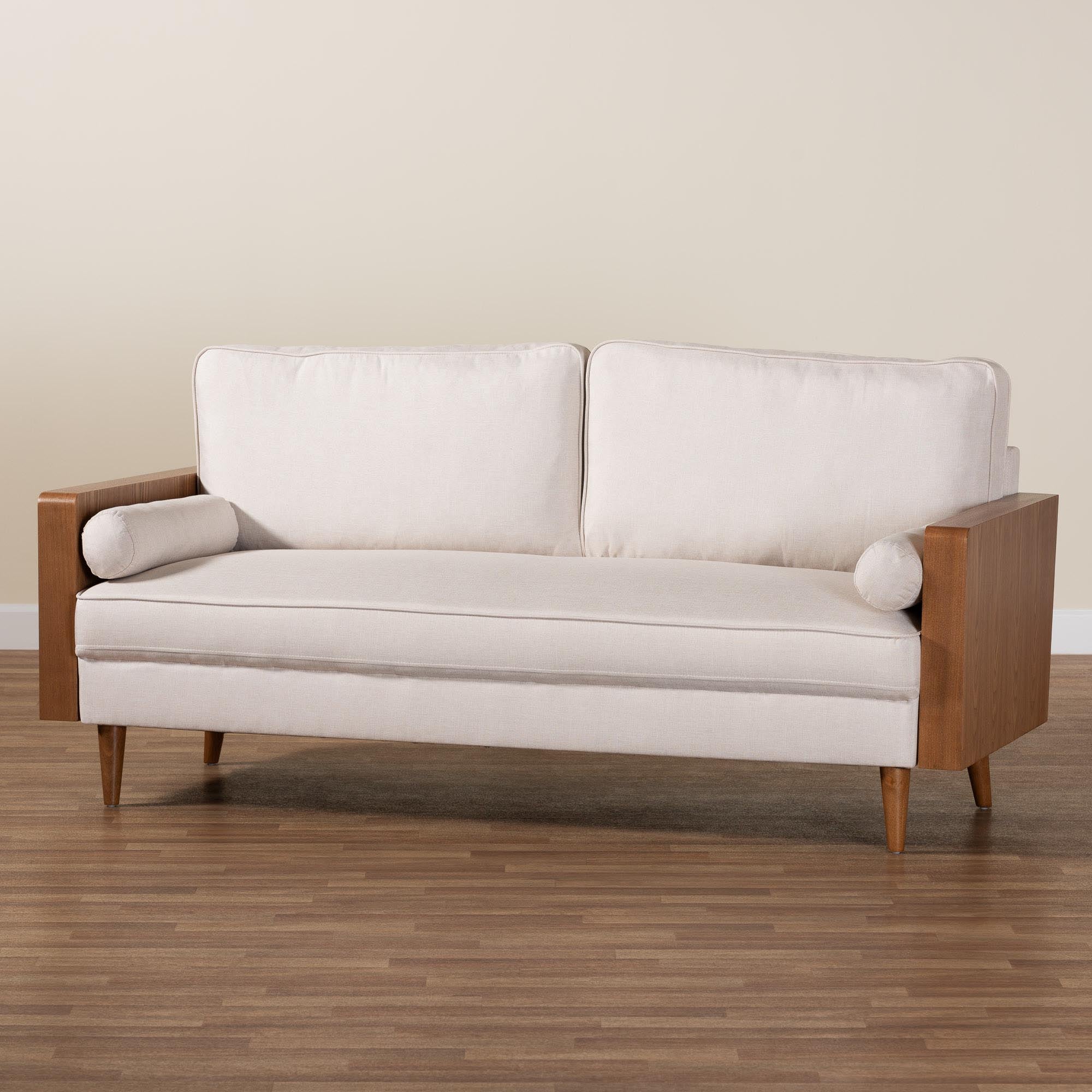 Baxton Studio Harleson Mid-Century Modern Beige Fabric and Walnut Brown Wood Sofa - Image 3