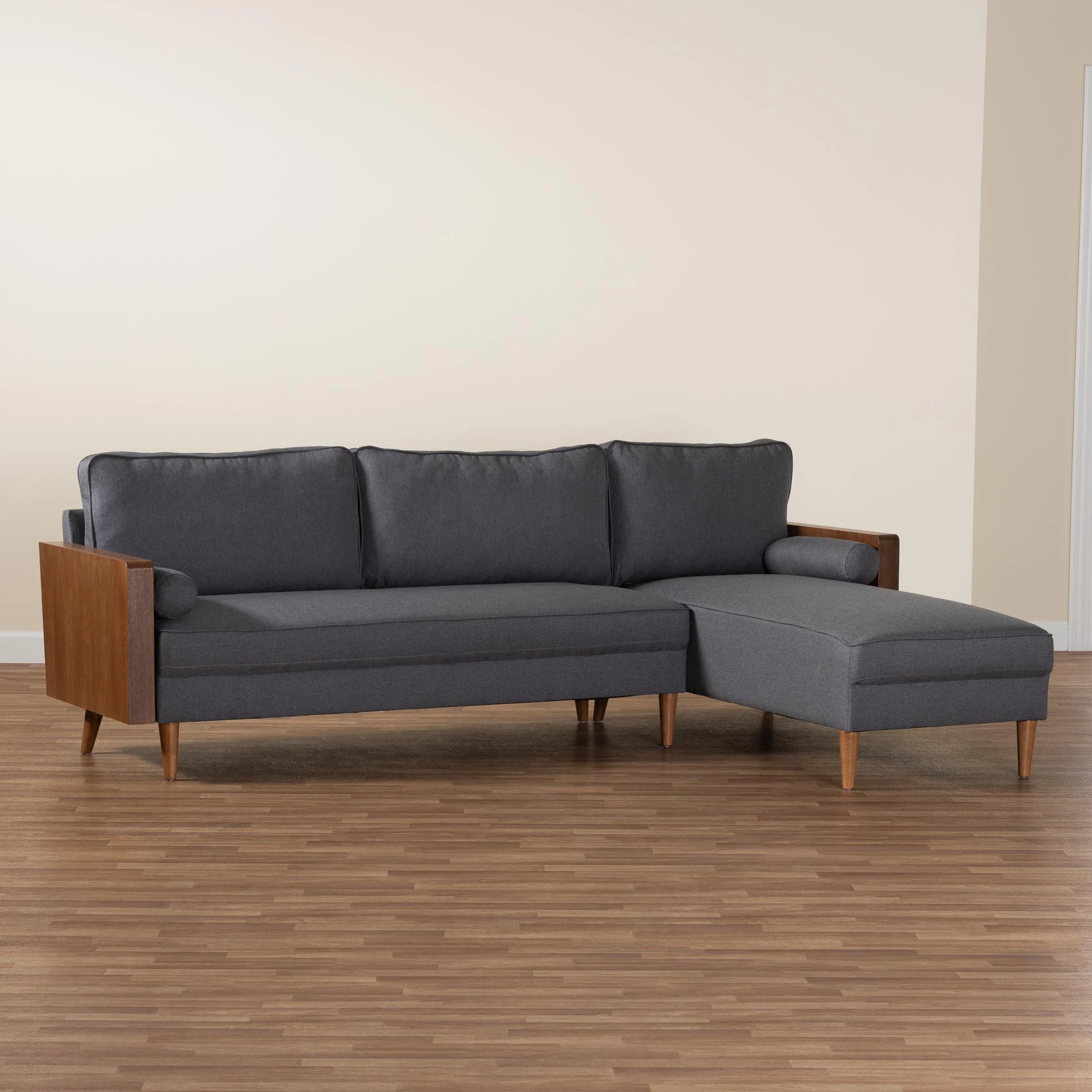 Baxton Studio Harleson Mid-Century Modern Grey Fabric and Walnut Brown Wood Right Facing Sectional Sofa - Image 8