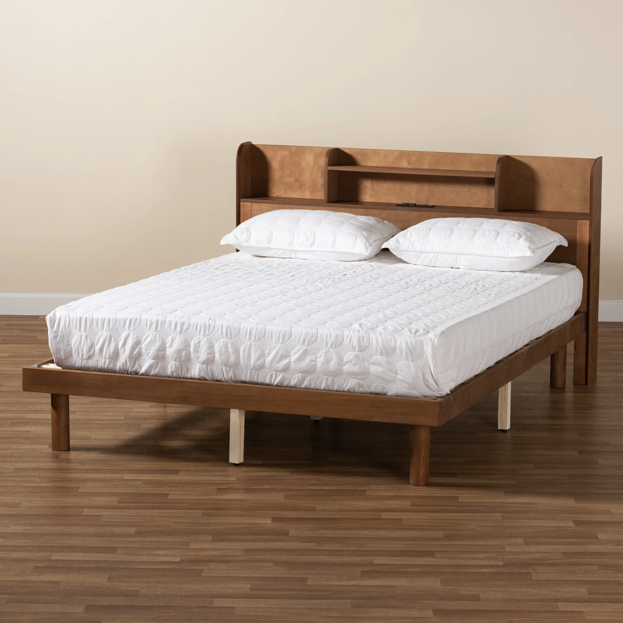 Baxton Studio Harper Mid-Century Modern Transitional Walnut Brown Finished Wood Queen Size Platform Bed with Charging Station - Image 9