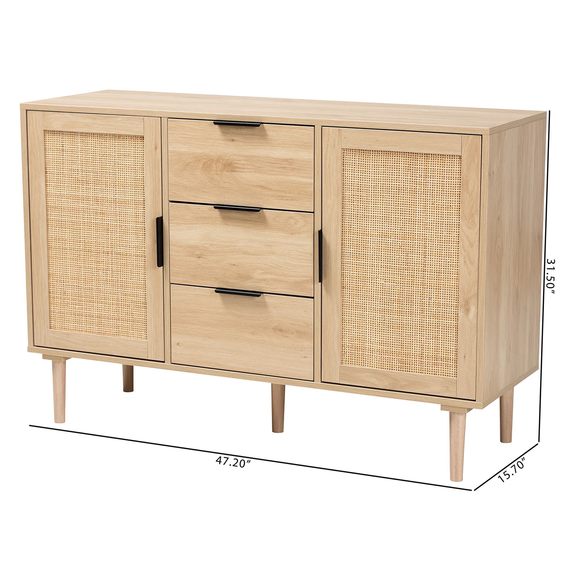 Baxton Studio Harrison Mid-Century Modern Natural Brown Finished Wood and Natural Rattan 3-Drawer Sideboard - Image 10