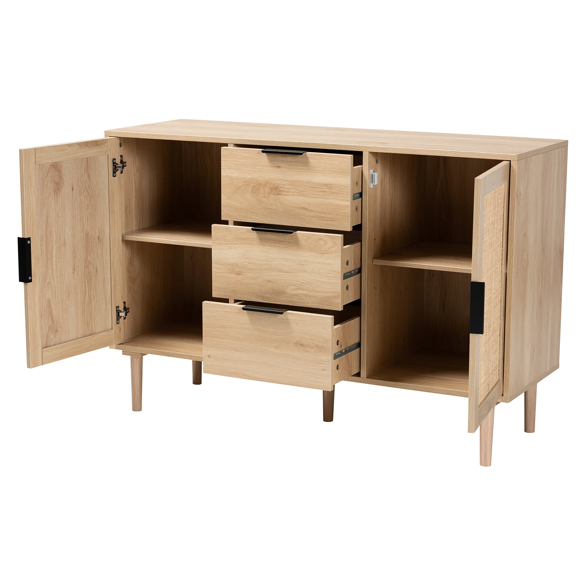 Baxton Studio Harrison Mid-Century Modern Natural Brown Finished Wood and Natural Rattan 3-Drawer Sideboard - Image 3