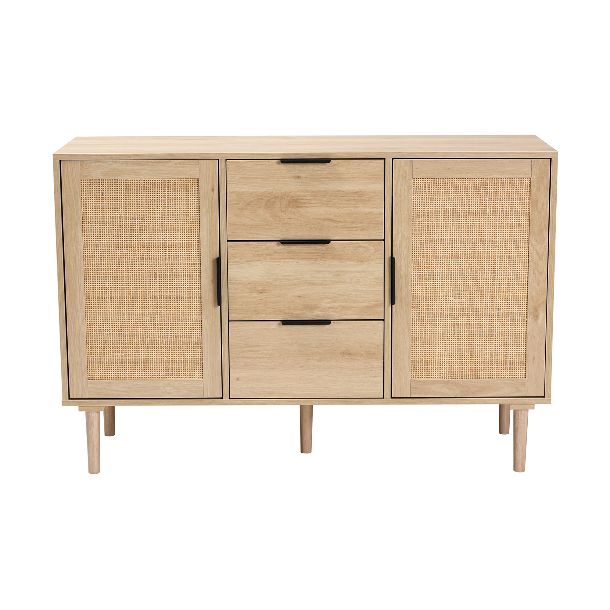 Baxton Studio Harrison Mid-Century Modern Natural Brown Finished Wood and Natural Rattan 3-Drawer Sideboard - Image 4