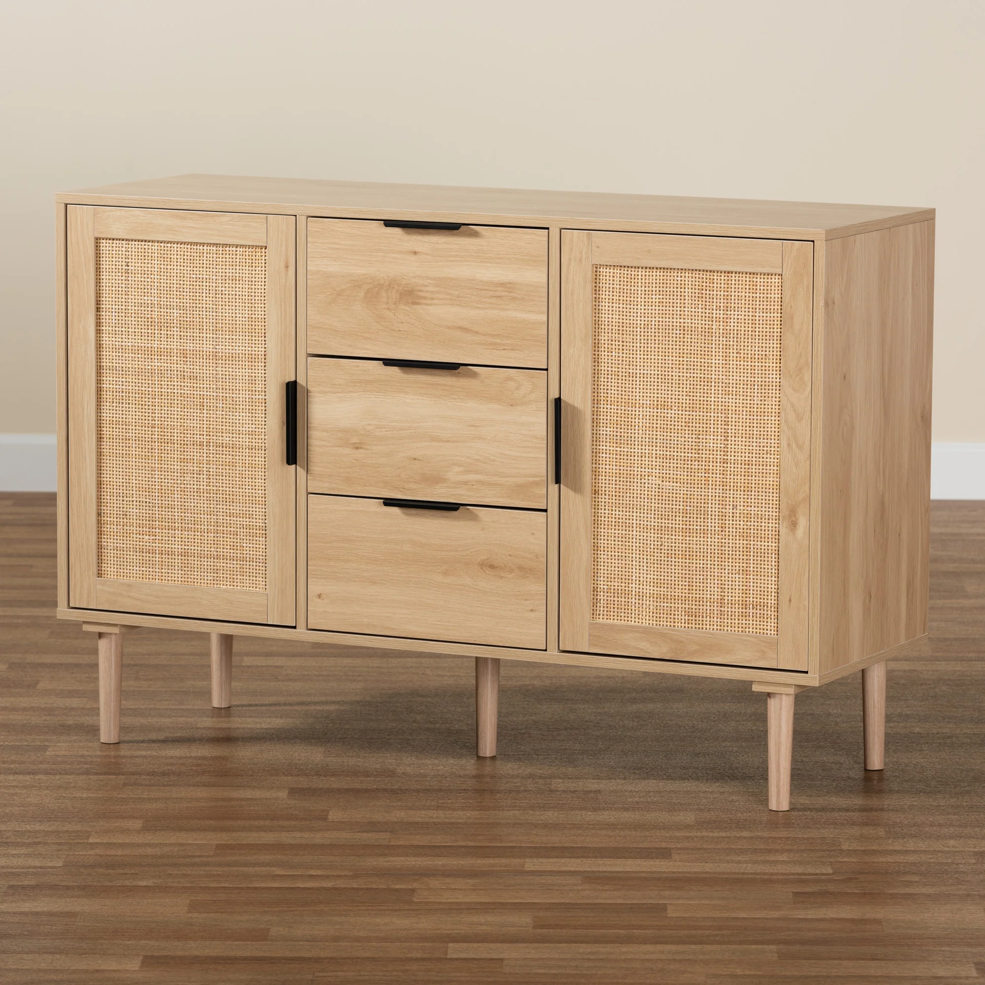 Baxton Studio Harrison Mid-Century Modern Natural Brown Finished Wood and Natural Rattan 3-Drawer Sideboard - Image 9