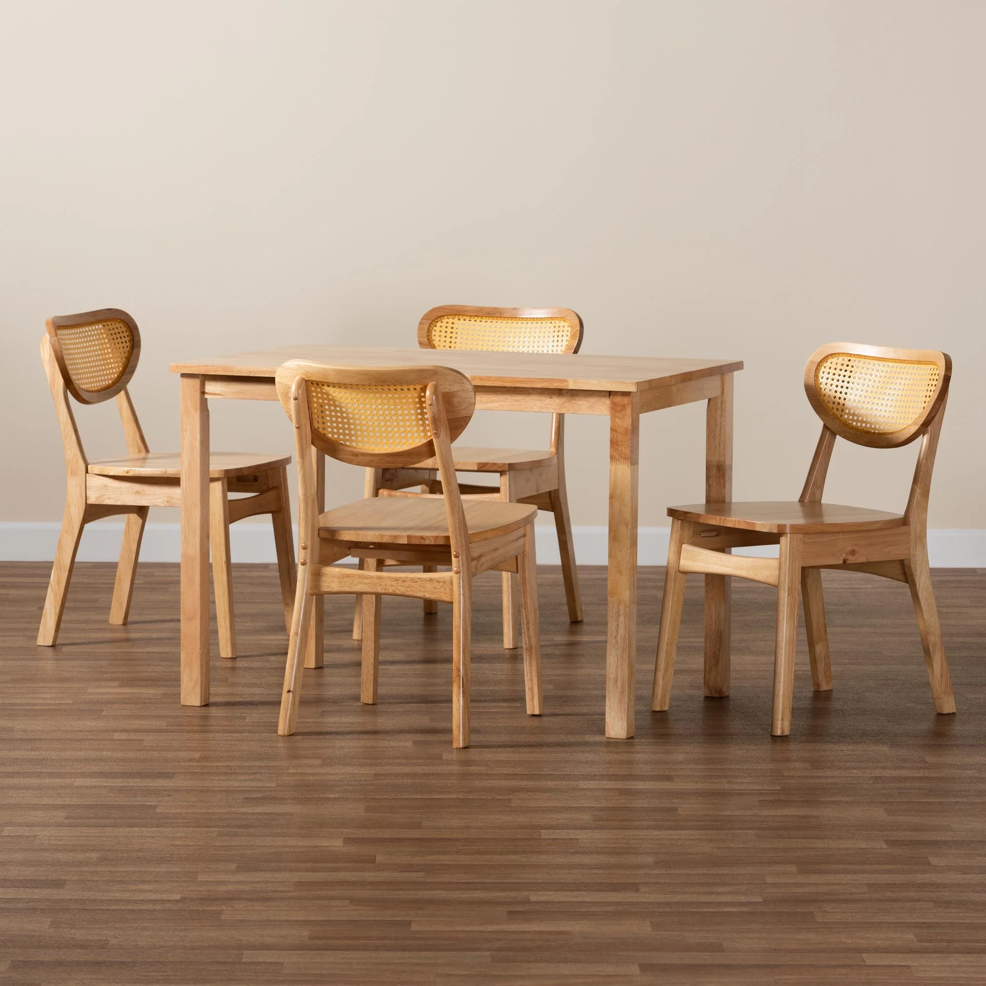 Baxton Studio Haviland Mid-Century Modern Oak Brown Finished Wood and Rattan 5-Piece Dining Set - Image 2