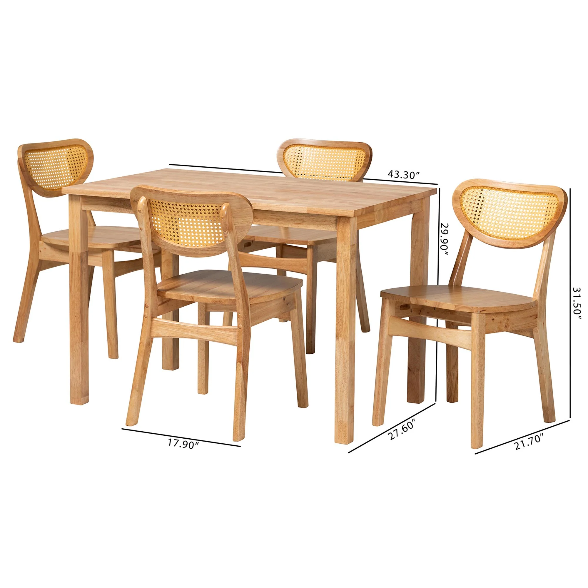 Baxton Studio Haviland Mid-Century Modern Oak Brown Finished Wood and Rattan 5-Piece Dining Set - Image 3