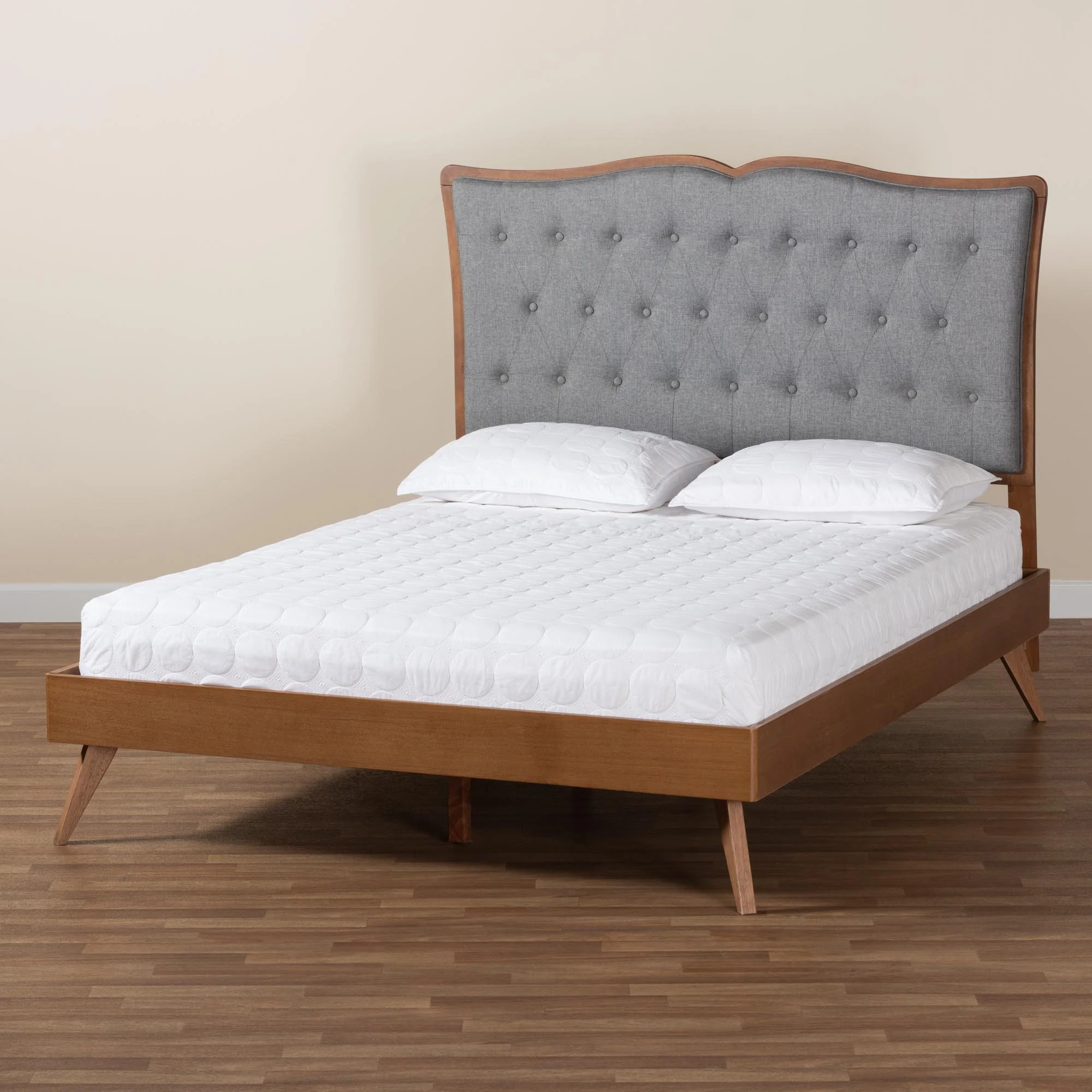 Baxton Studio Hawthorn Classic and Traditional Grey Fabric and Walnut Brown Finished Wood Queen Size Platform Bed - Image 10