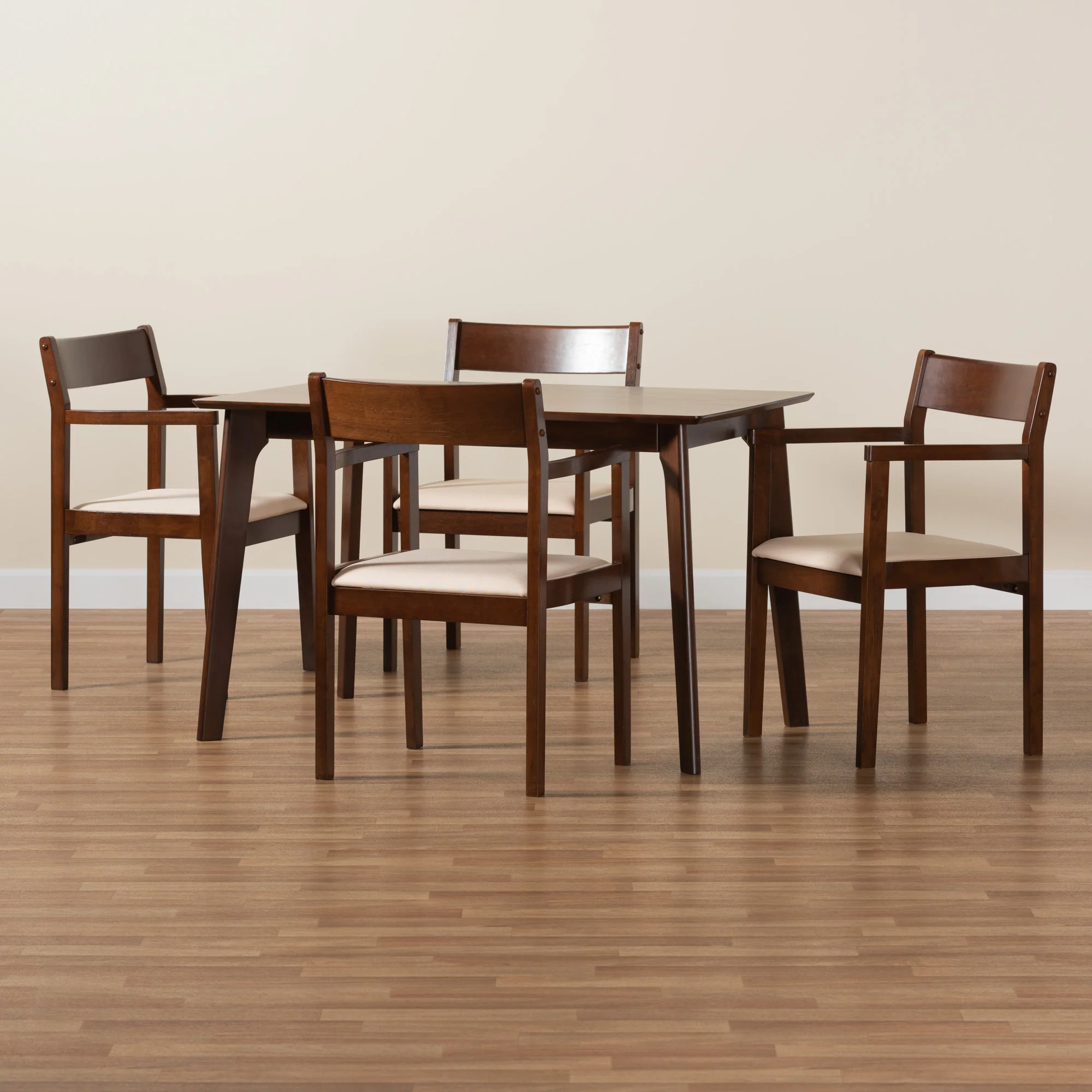 Baxton Studio Helene Mid-Century Modern Cream Fabric and Dark Brown Finished Wood 5-Piece Dining Set - Image 2
