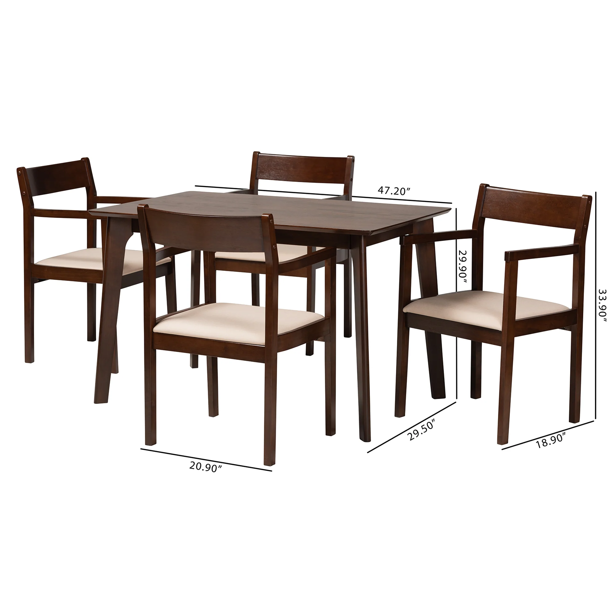 Baxton Studio Helene Mid-Century Modern Cream Fabric and Dark Brown Finished Wood 5-Piece Dining Set - Image 3