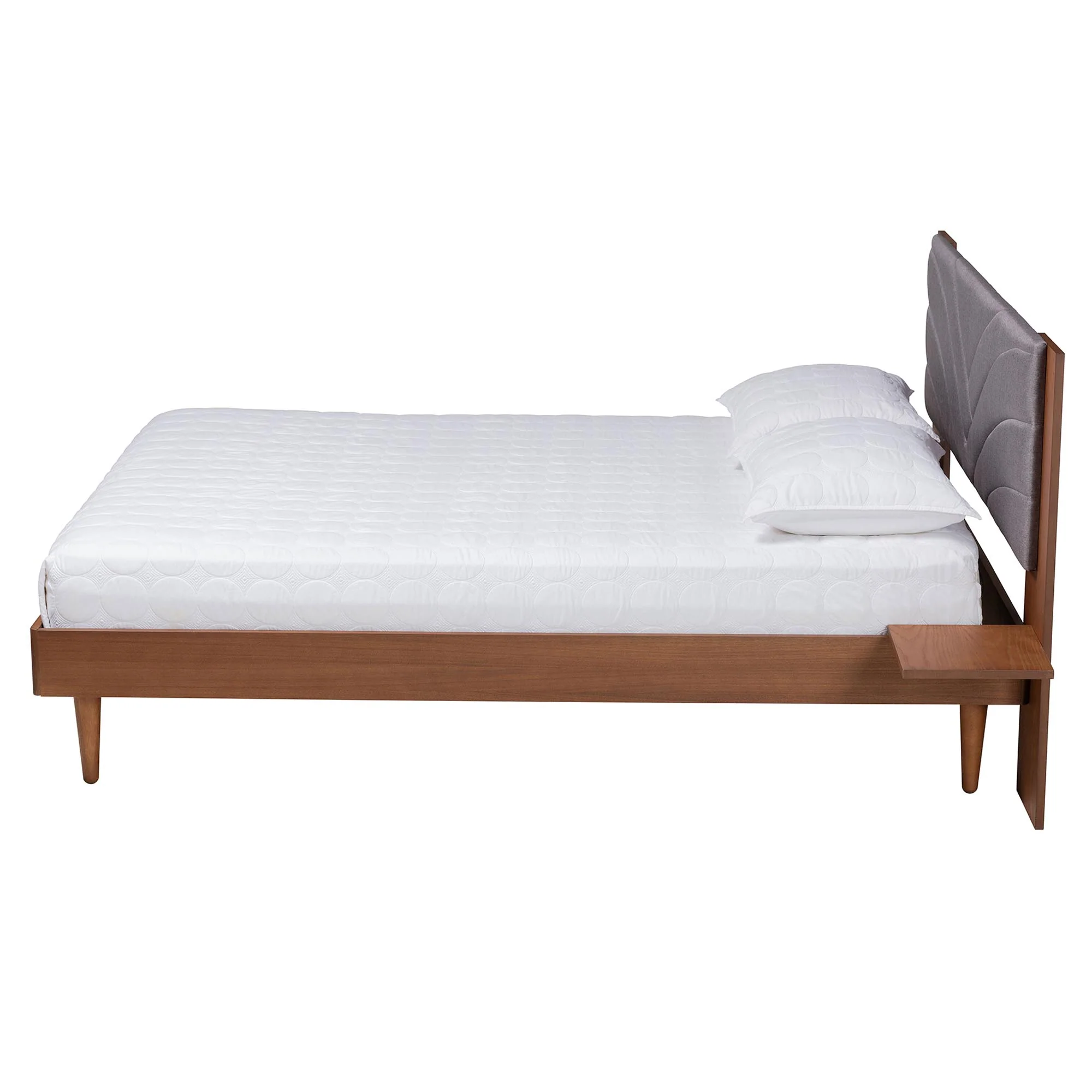 Baxton Studio Hemera Mid-Century Modern Grey Fabric and Walnut Brown Wood King Size Platform Bed With Floating Side Table - Image 6