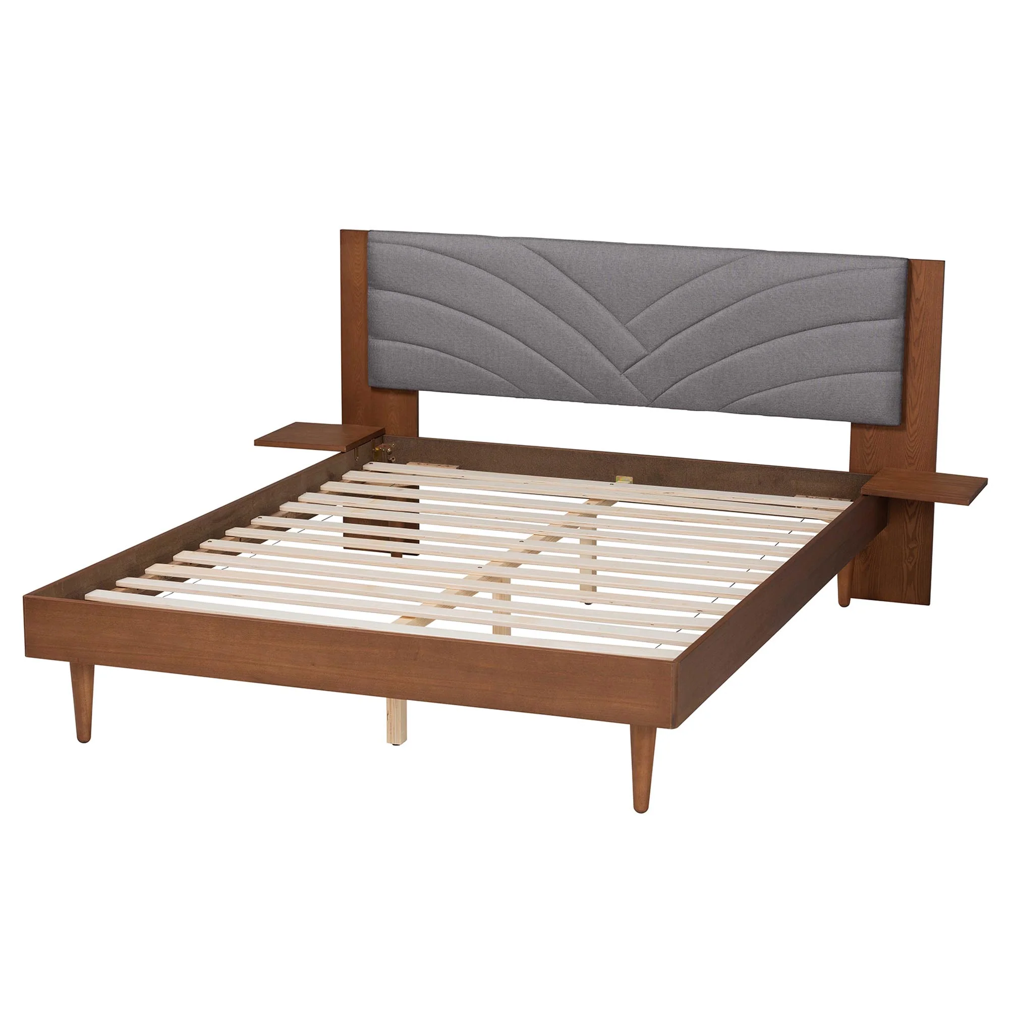 Baxton Studio Hemera Mid-Century Modern Grey Fabric and Walnut Brown Wood King Size Platform Bed With Floating Side Table - Image 7