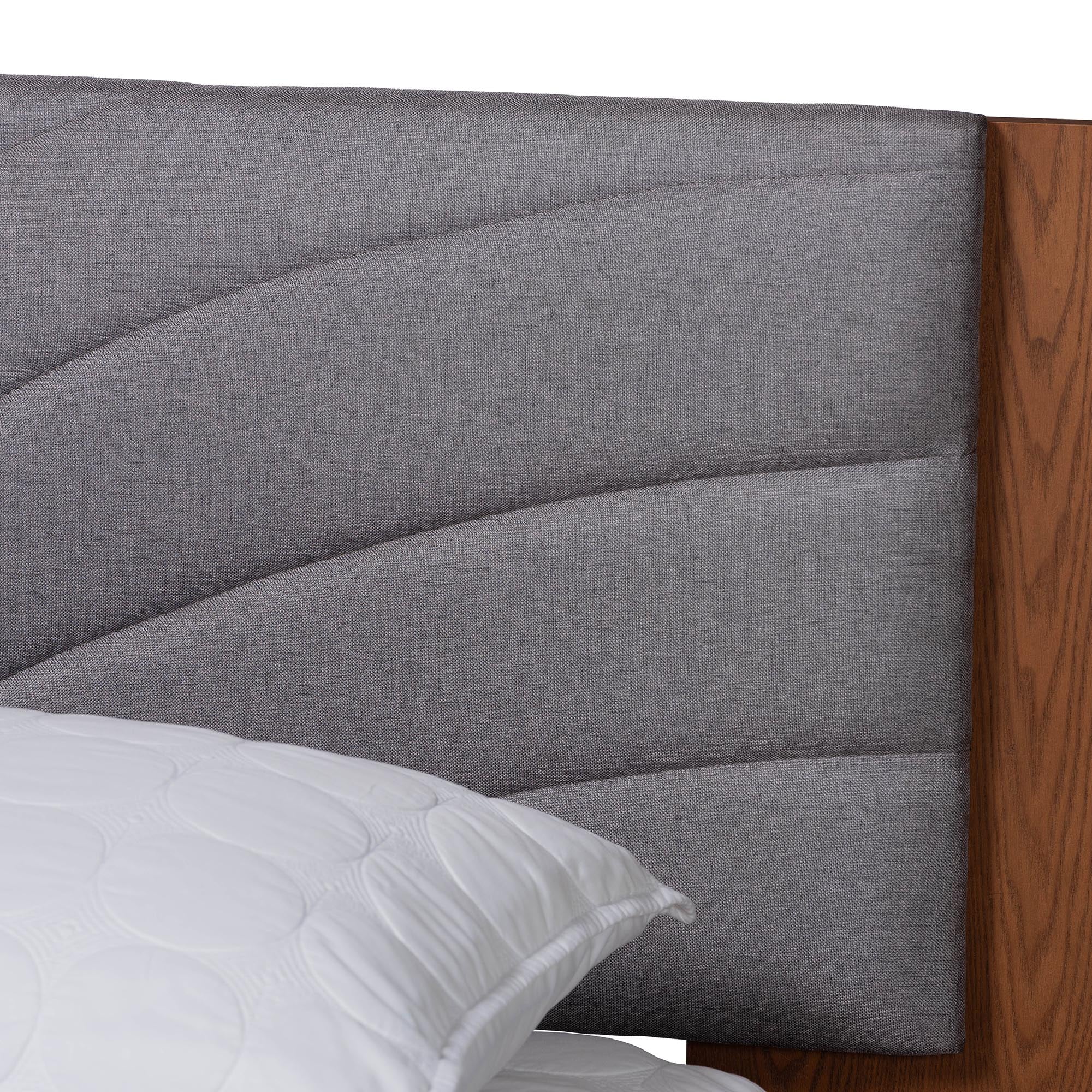 Baxton Studio Hemera Mid-Century Modern Grey Fabric and Walnut Brown Wood King Size Platform Bed With Floating Side Table - Image 8