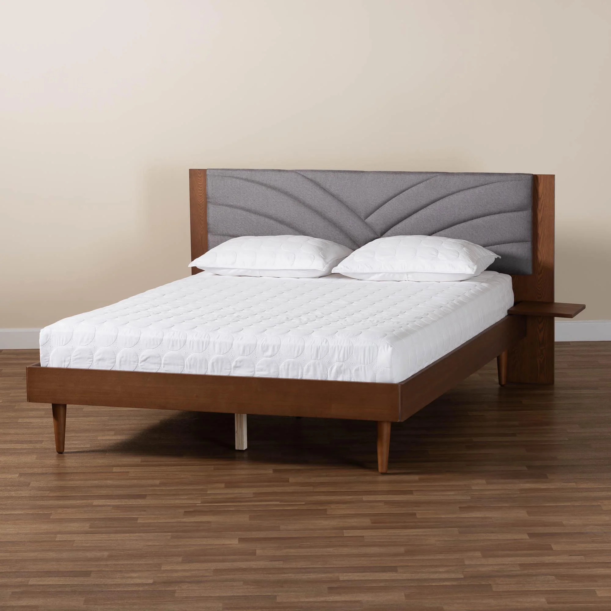 Baxton Studio Hemera Mid-Century Modern Grey Fabric and Walnut Brown Wood Queen Size Platform Bed With Floating Side Table - Image 2