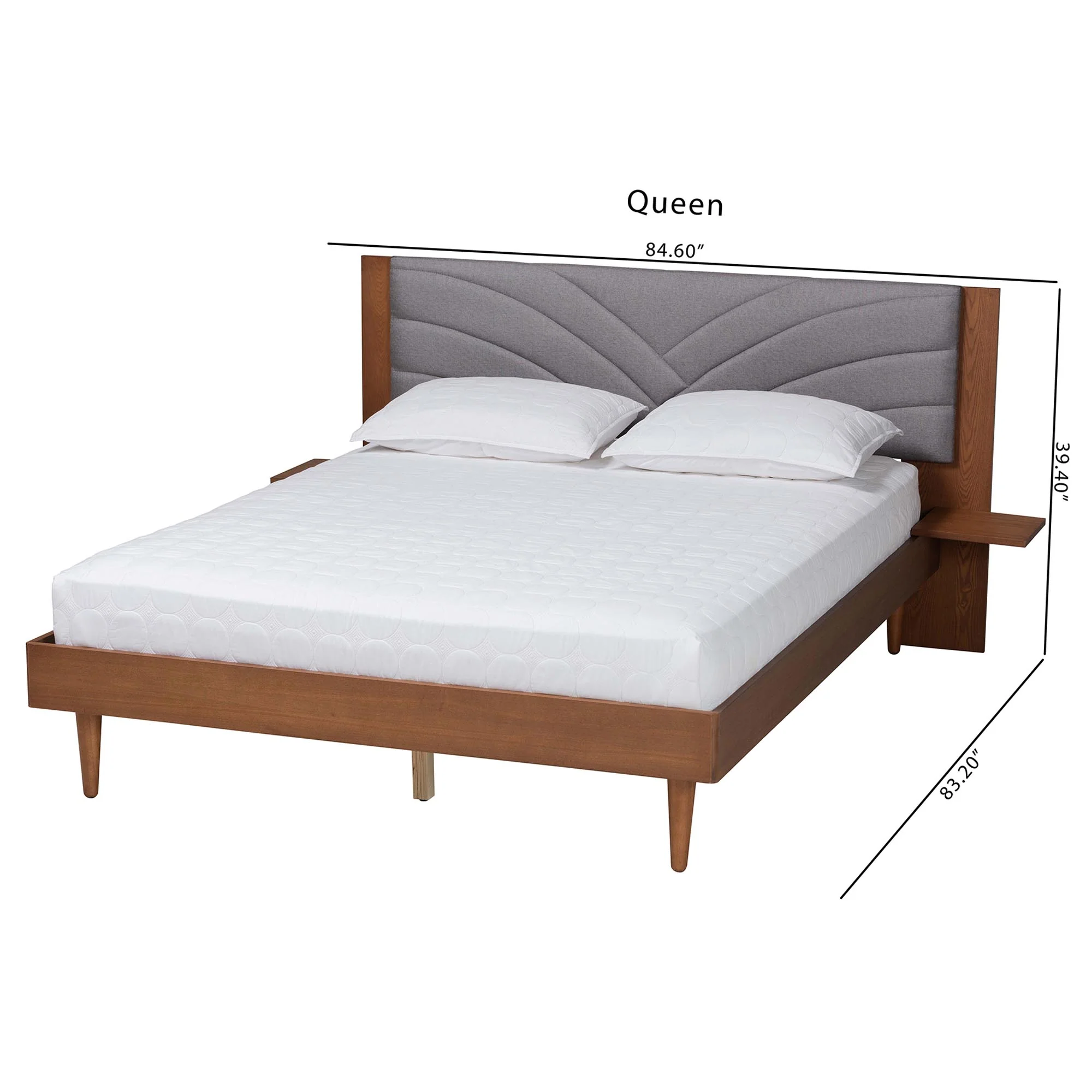 Baxton Studio Hemera Mid-Century Modern Grey Fabric and Walnut Brown Wood Queen Size Platform Bed With Floating Side Table - Image 3