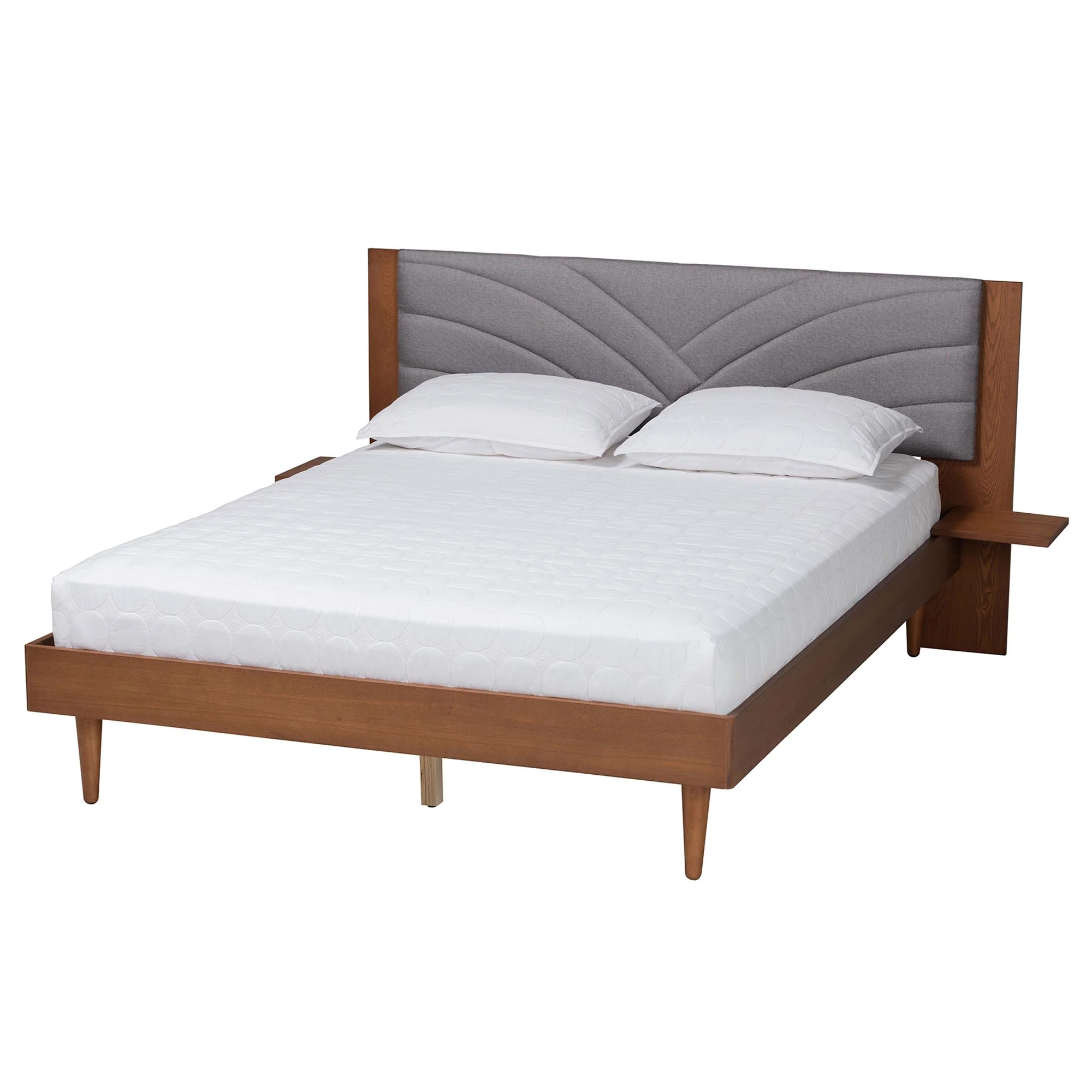 Baxton Studio Hemera Mid-Century Modern Grey Fabric and Walnut Brown Wood Queen Size Platform Bed With Floating Side Table - Image 5