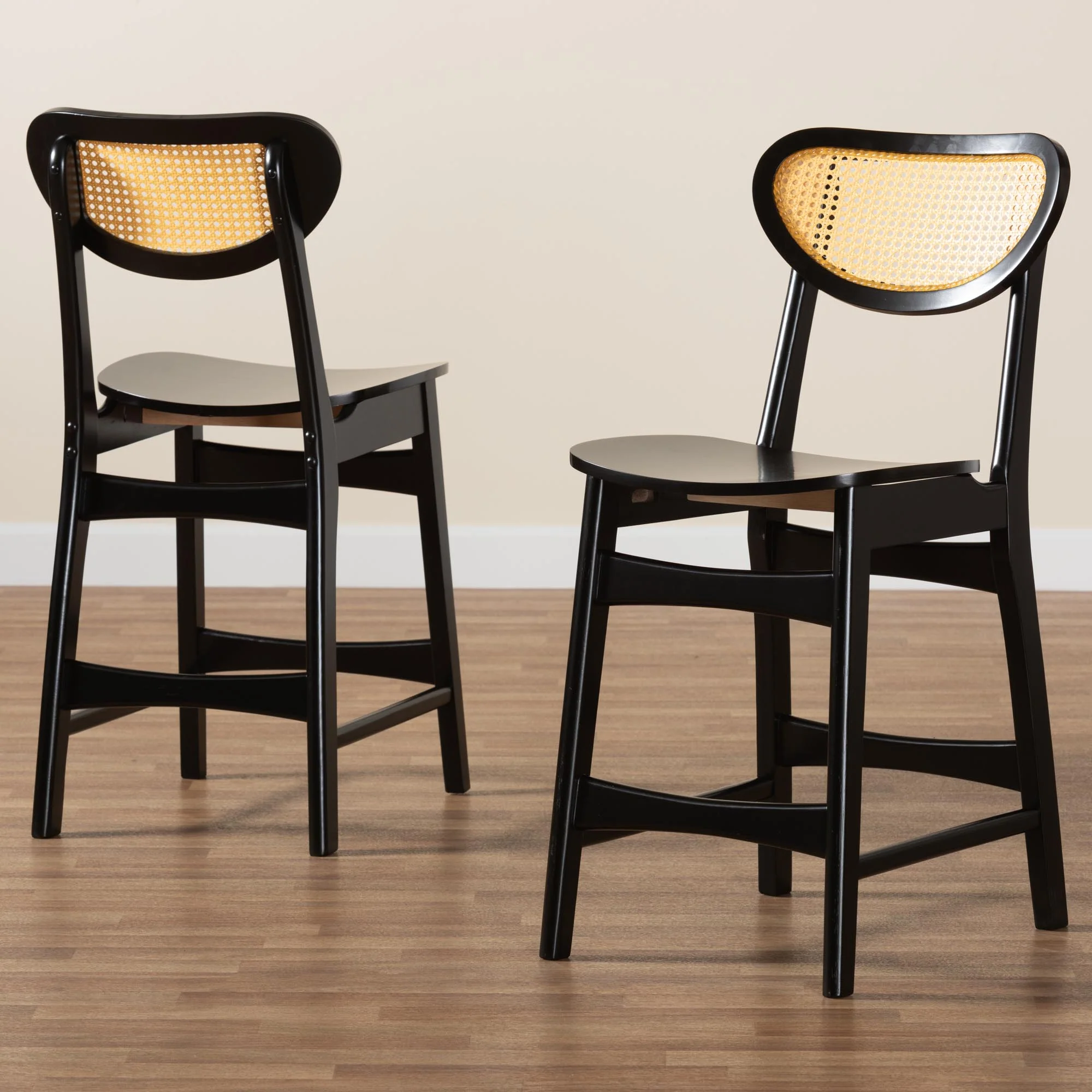 Baxton Studio Hesper Mid-Century Modern Dark Brown Finished Wood and Rattan 2-Piece Counter Stool Set - Image 9