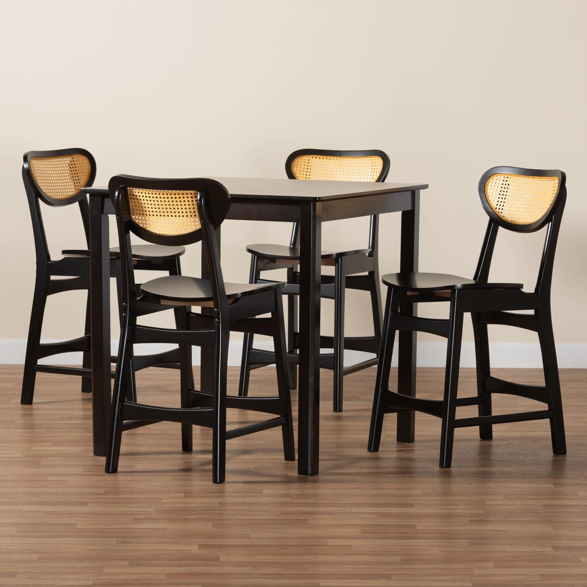 Baxton Studio Hesper Mid-Century Modern Dark Brown Finished Wood and Rattan 5-Piece Pub Set - Image 2