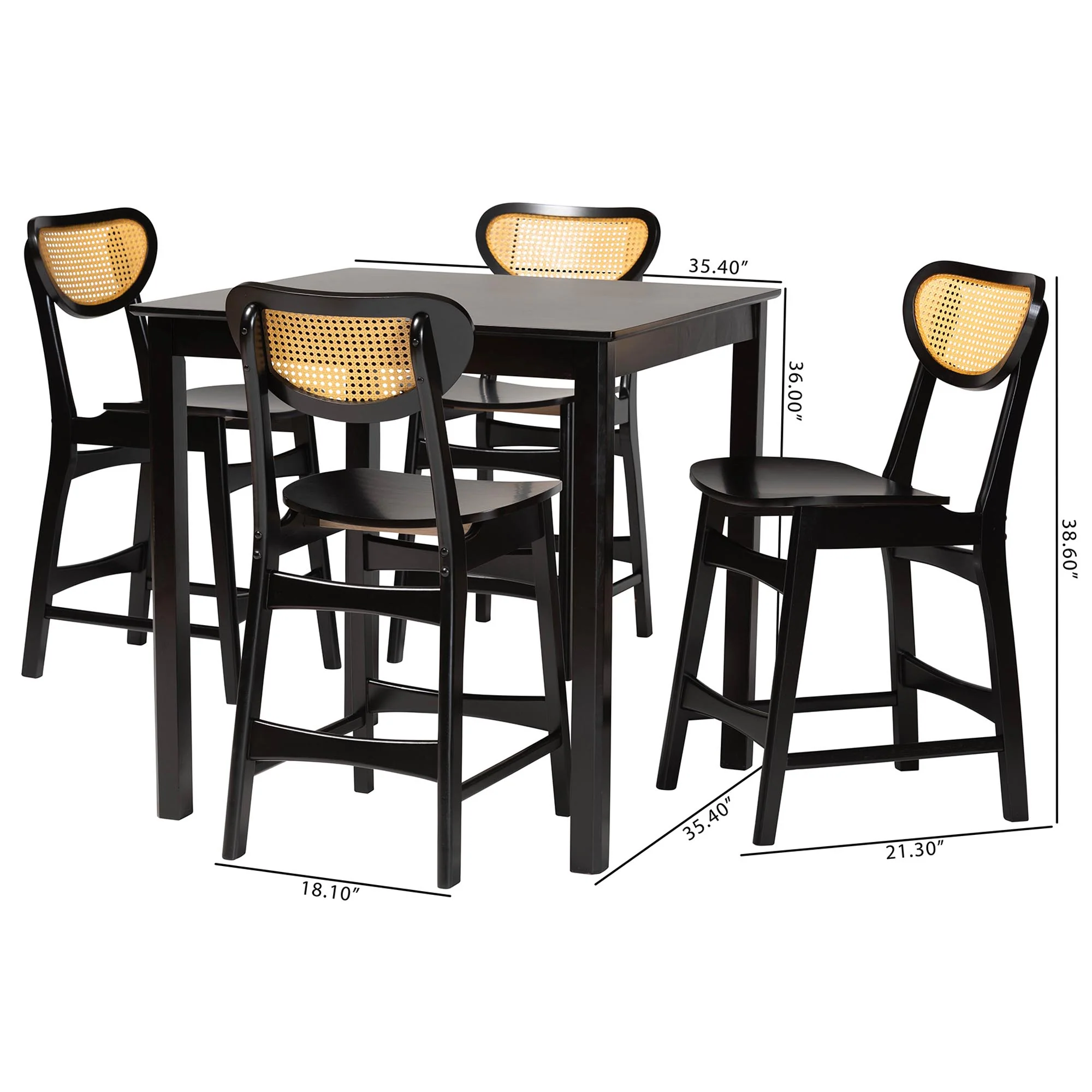 Baxton Studio Hesper Mid-Century Modern Dark Brown Finished Wood and Rattan 5-Piece Pub Set - Image 3