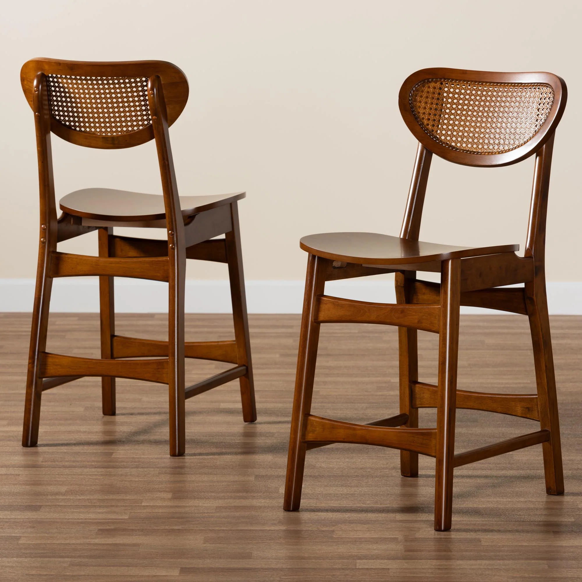 Baxton Studio Hesper Mid-Century Modern Walnut Brown Finished Wood and Rattan 2-Piece Counter Stool Set - Image 9