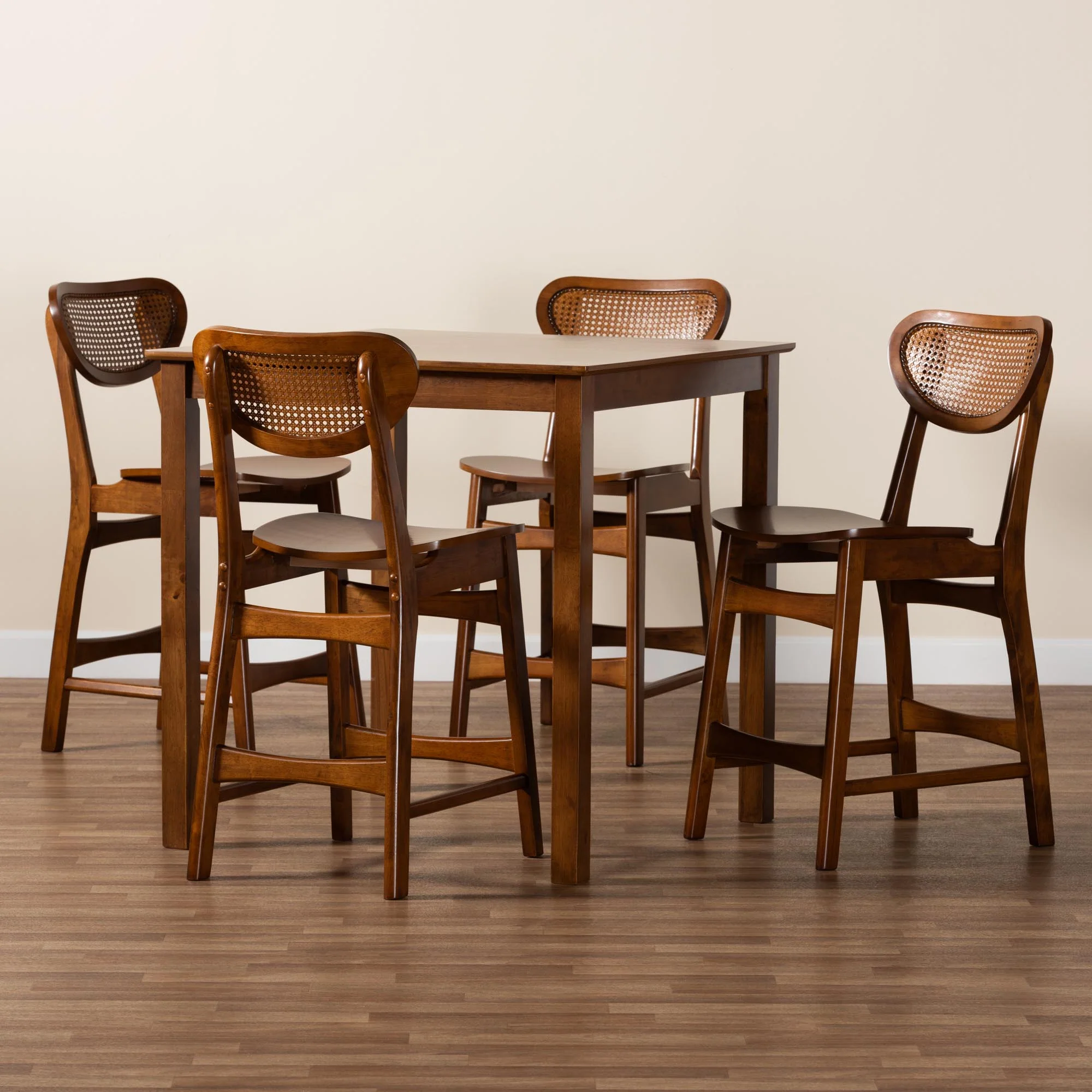 Baxton Studio Hesper Mid-Century Modern Walnut Brown Finished Wood and Rattan 5-Piece Pub Set - Image 2