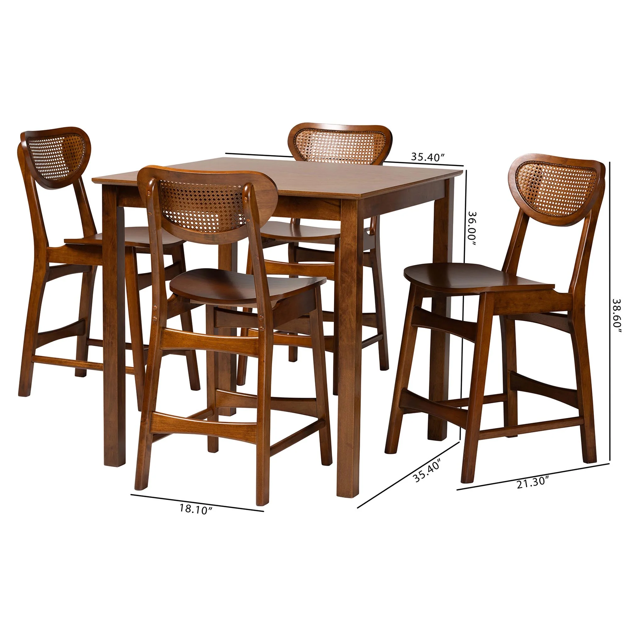 Baxton Studio Hesper Mid-Century Modern Walnut Brown Finished Wood and Rattan 5-Piece Pub Set - Image 3