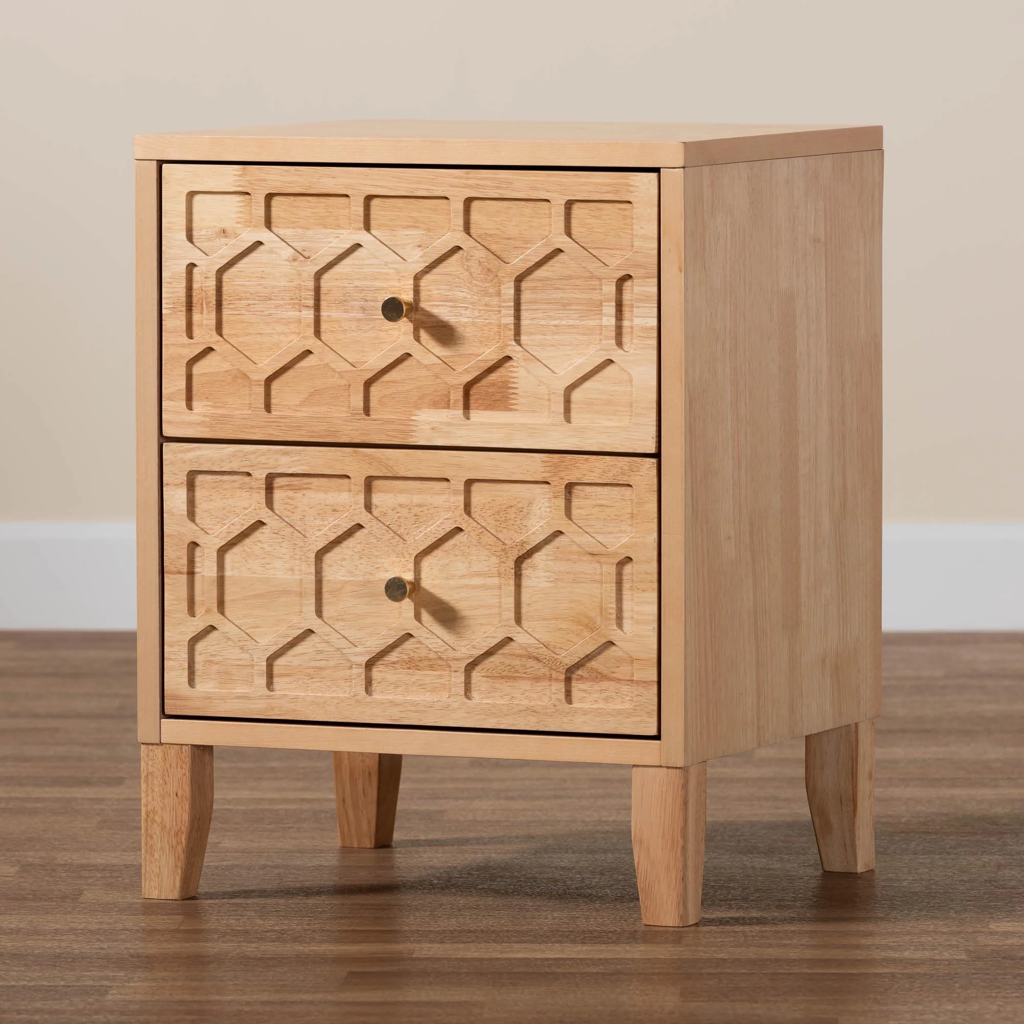 Baxton Studio Hosea Japandi Carved Honeycomb Natural 2-Drawer Nightstand - Image 2