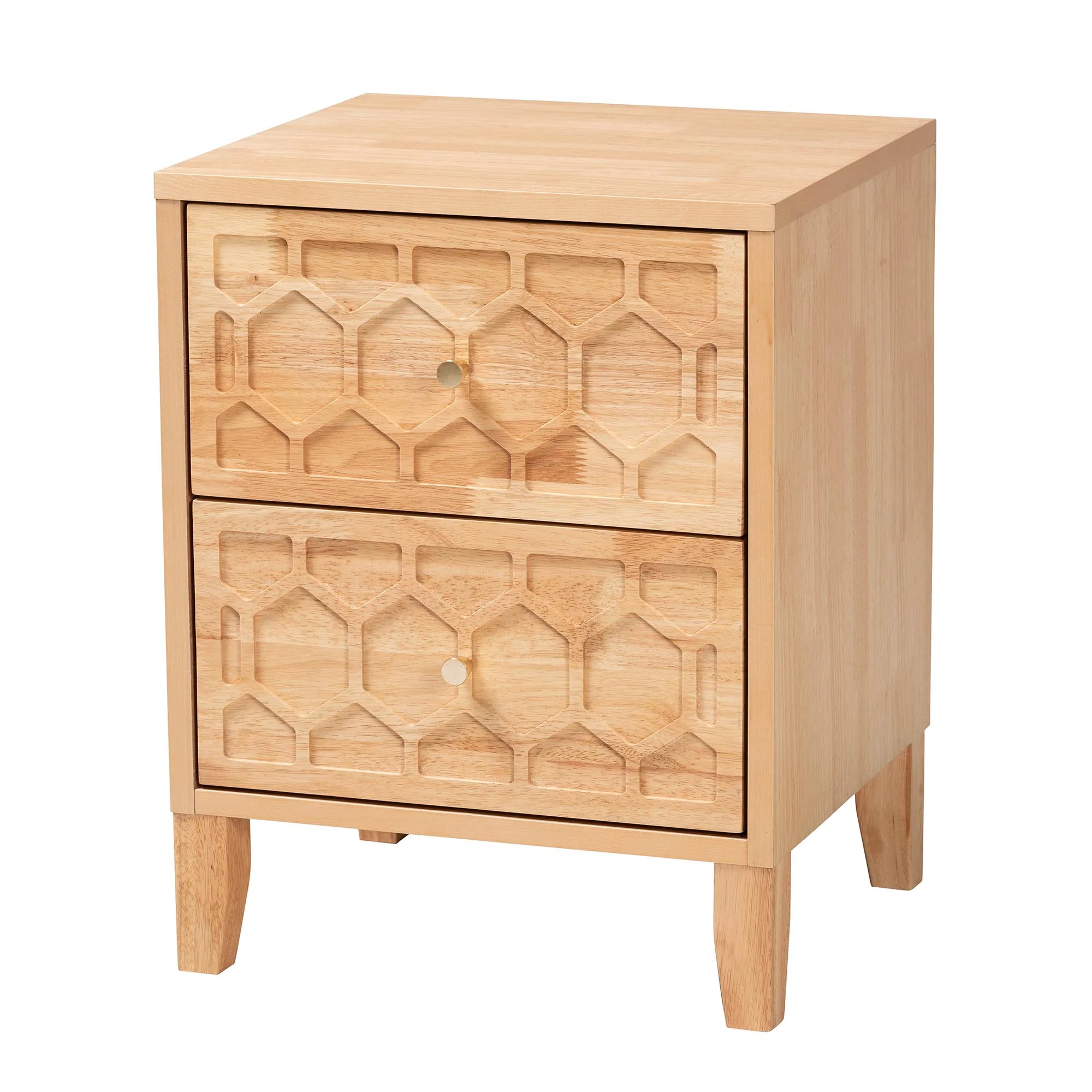 Baxton Studio Hosea Japandi Carved Honeycomb Natural 2-Drawer Nightstand - Image 4
