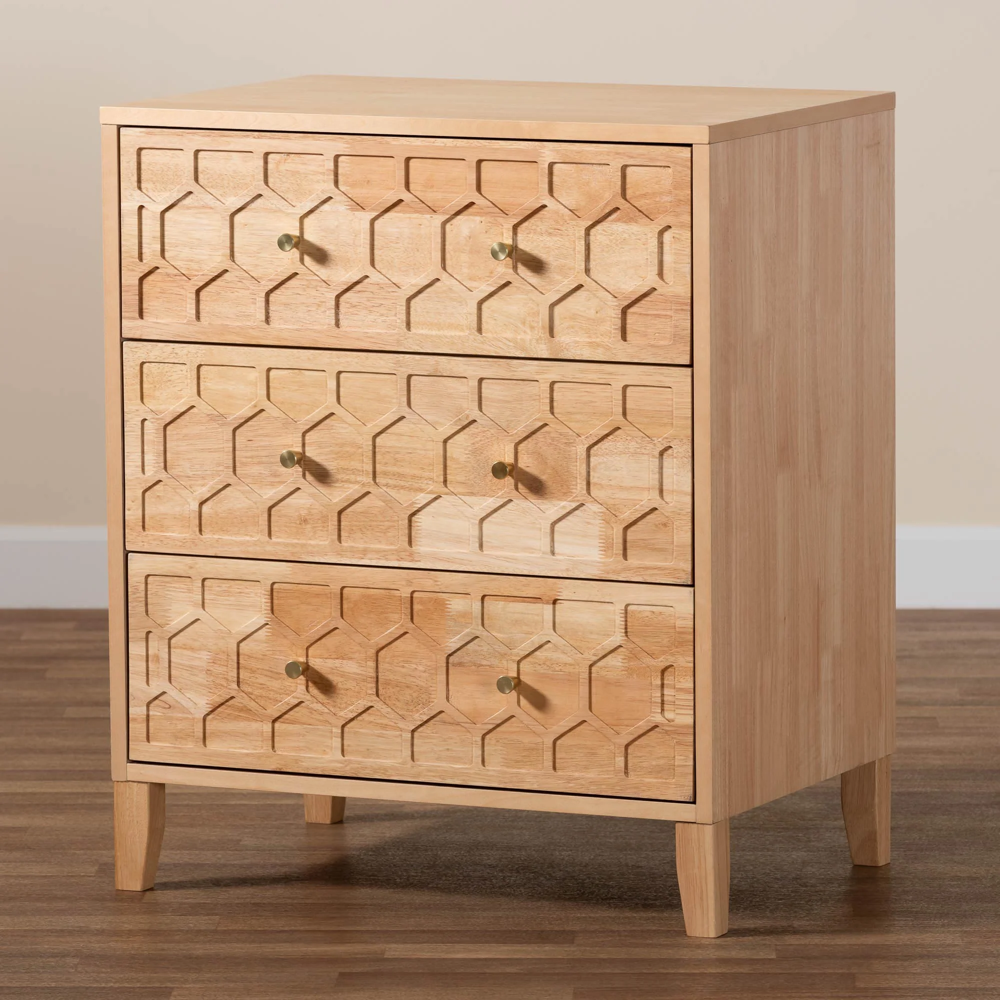 Baxton Studio Hosea Japandi Carved Honeycomb Natural 3-Drawer Chest - Image 2