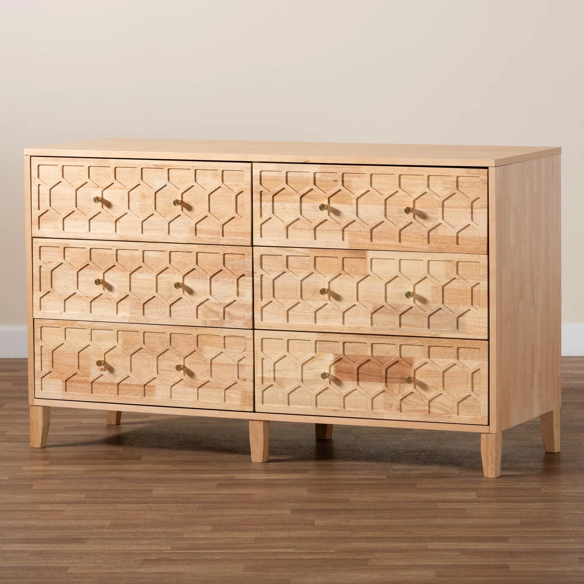 Baxton Studio Hosea Japandi Carved Honeycomb Natural 6-Drawer Dresser - Image 2