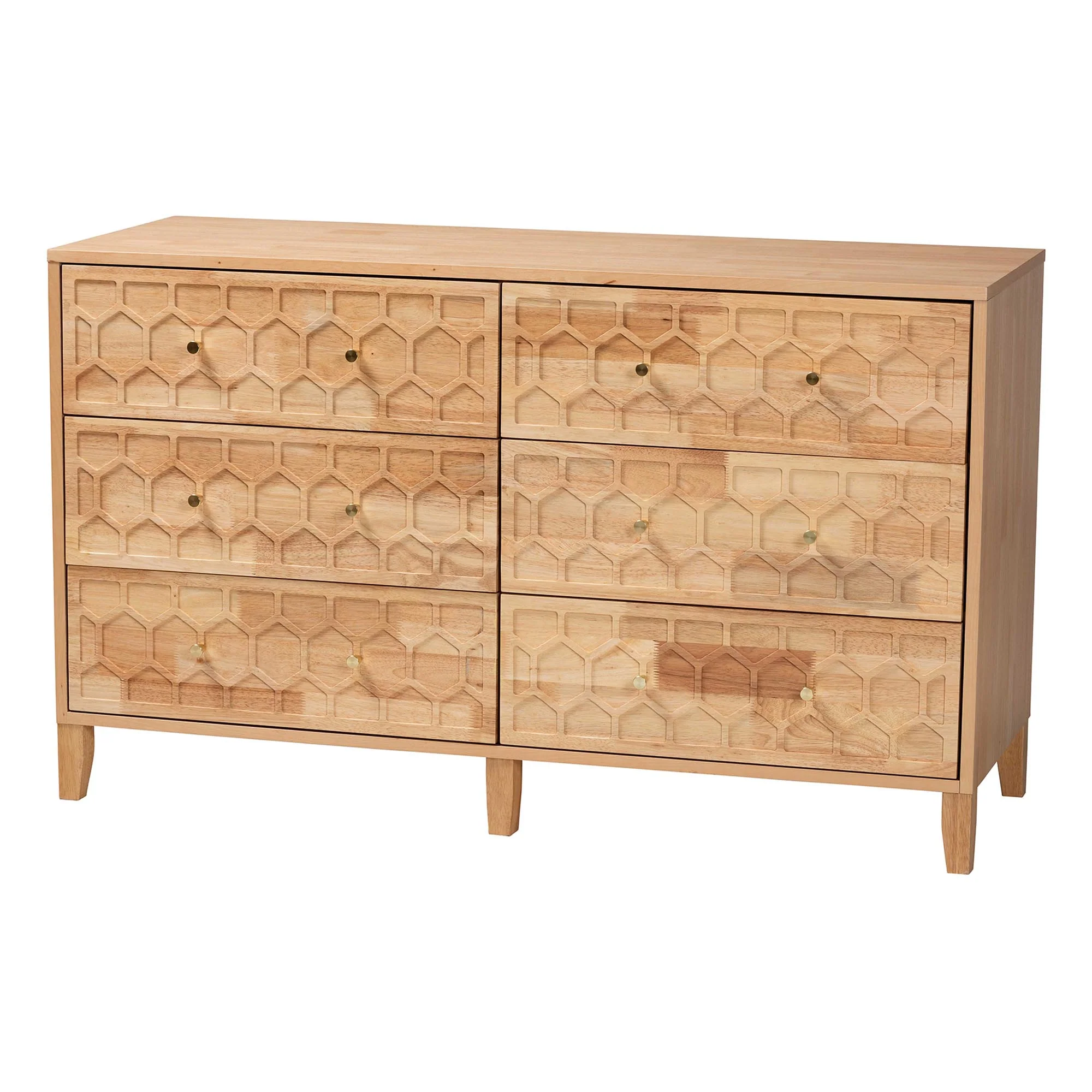Baxton Studio Hosea Japandi Carved Honeycomb Natural 6-Drawer Dresser - Image 4