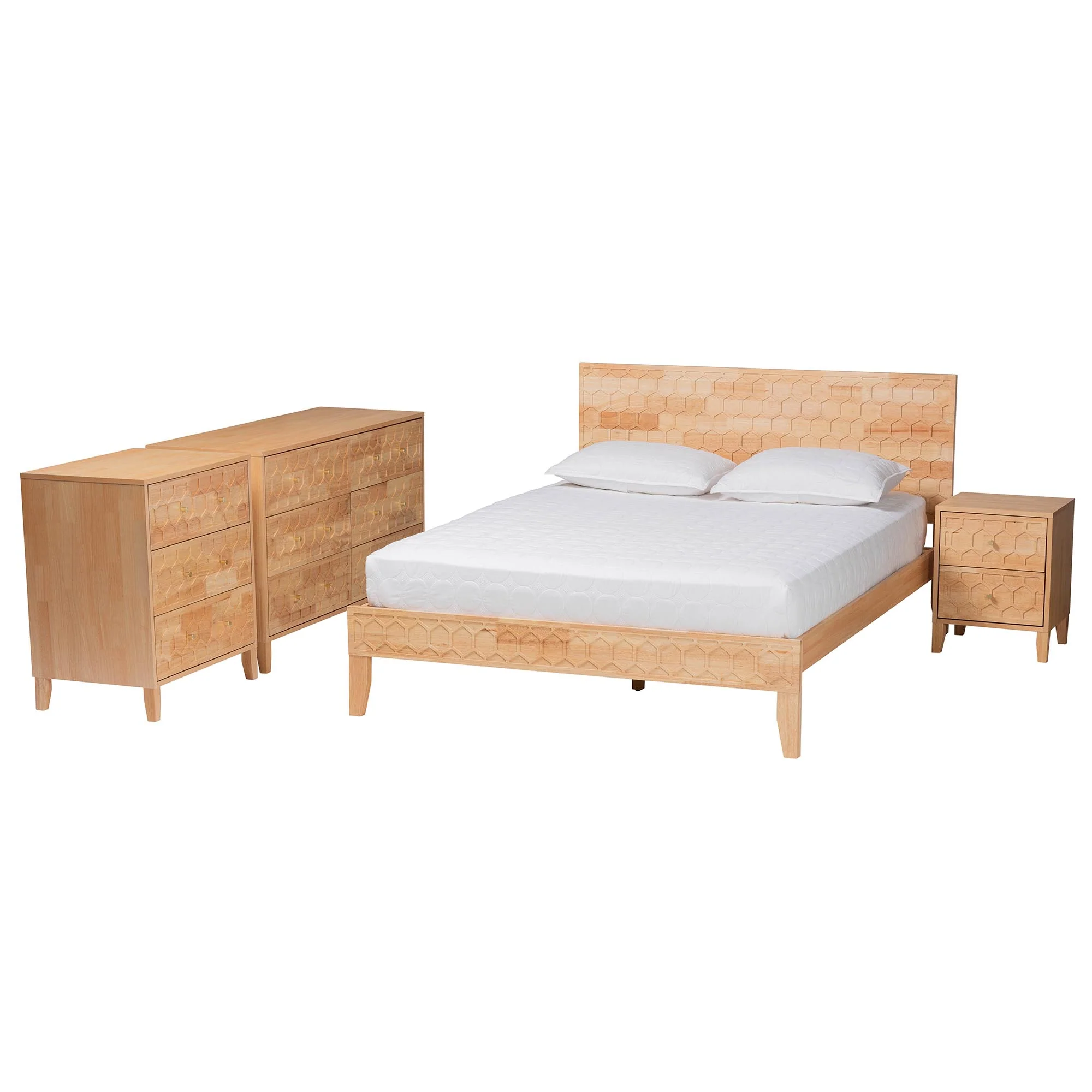 Baxton Studio Hosea Japandi Carved Honeycomb Natural King Size 4-Piece Bedroom Set - Image 6