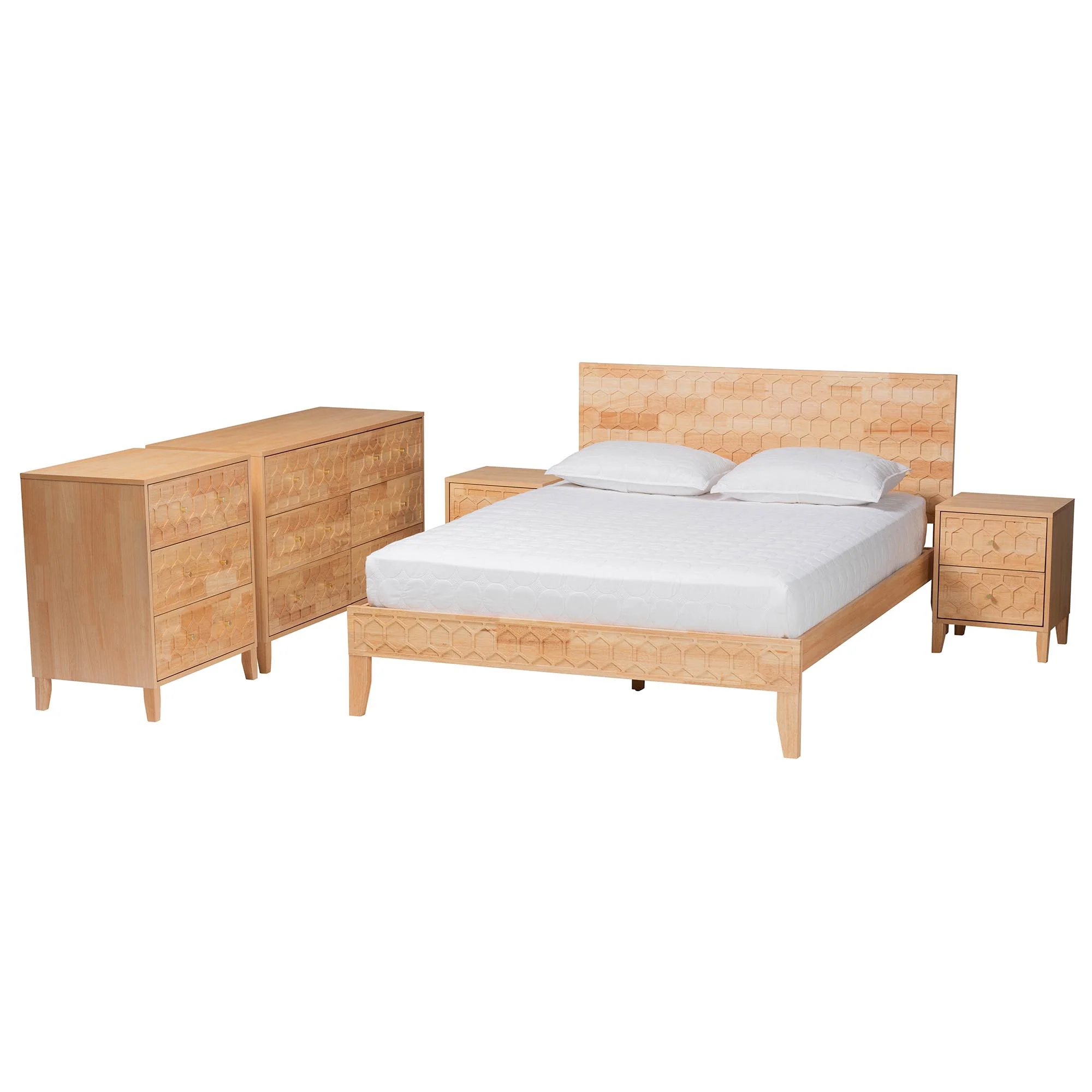 Baxton Studio Hosea Japandi Carved Honeycomb Natural King Size 5-Piece Bedroom Set - Image 6
