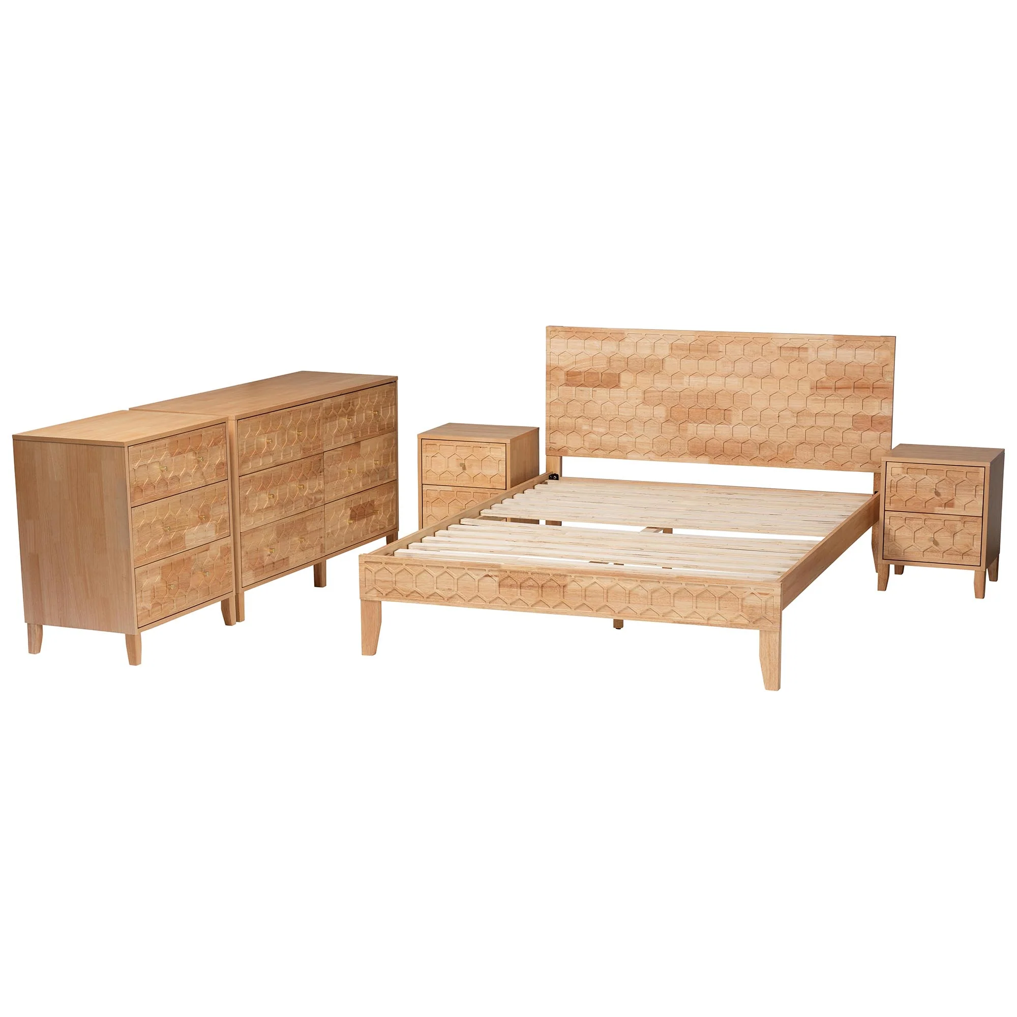 Baxton Studio Hosea Japandi Carved Honeycomb Natural King Size 5-Piece Bedroom Set - Image 7