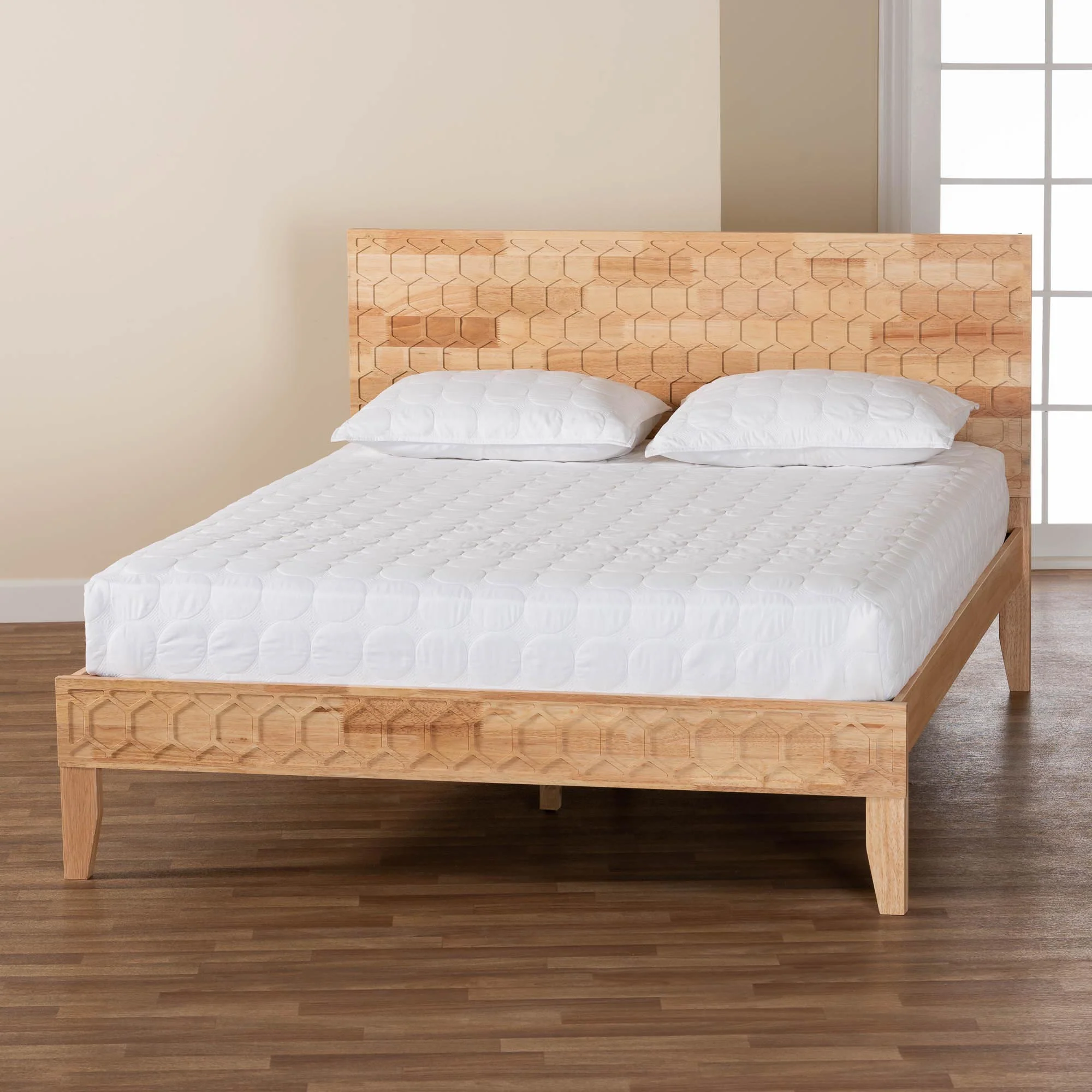 Baxton Studio Hosea Japandi Carved Honeycomb Natural King Size Platform Bed - Image 2