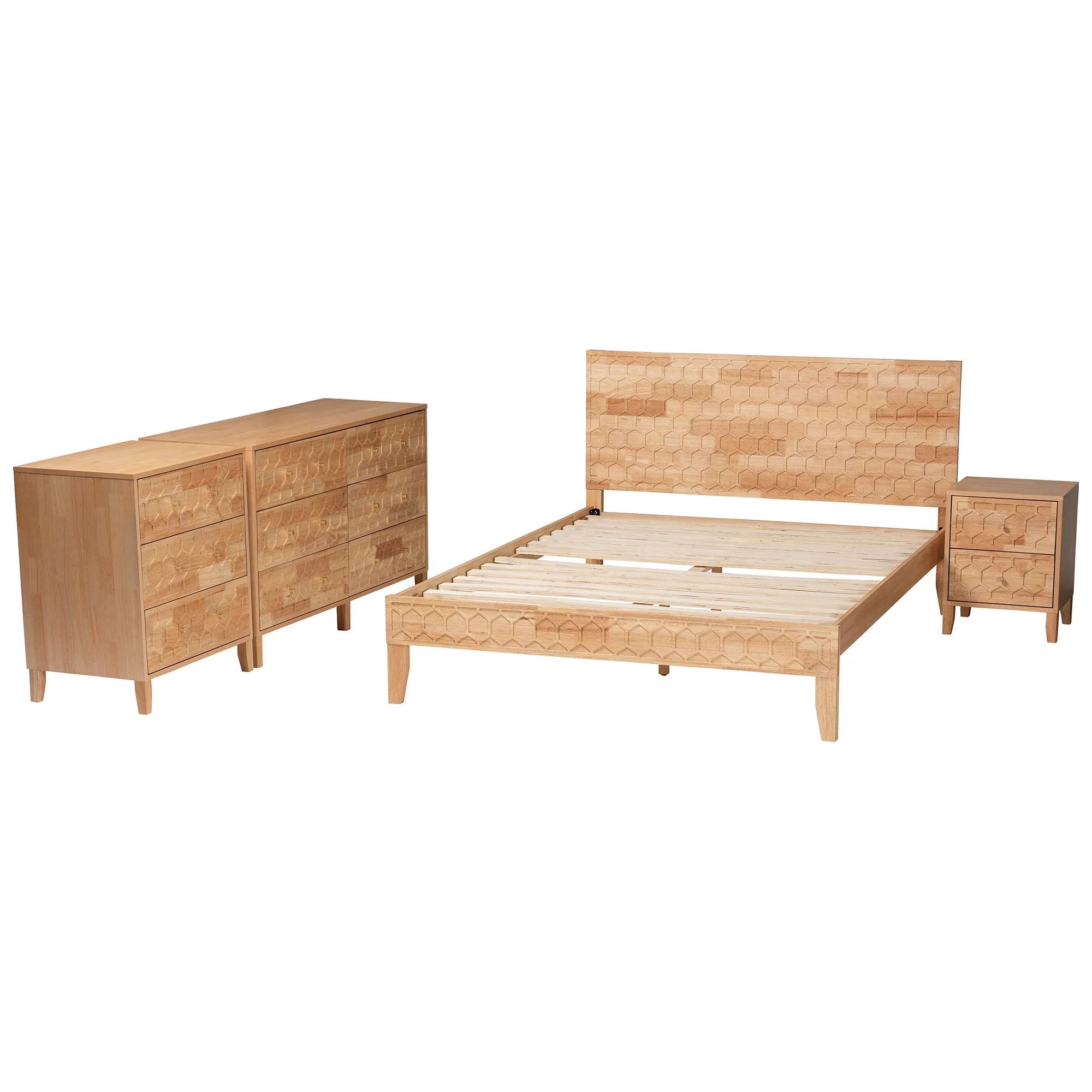 Baxton Studio Hosea Japandi Carved Honeycomb Natural Queen Size 4-Piece Bedroom Set - Image 7