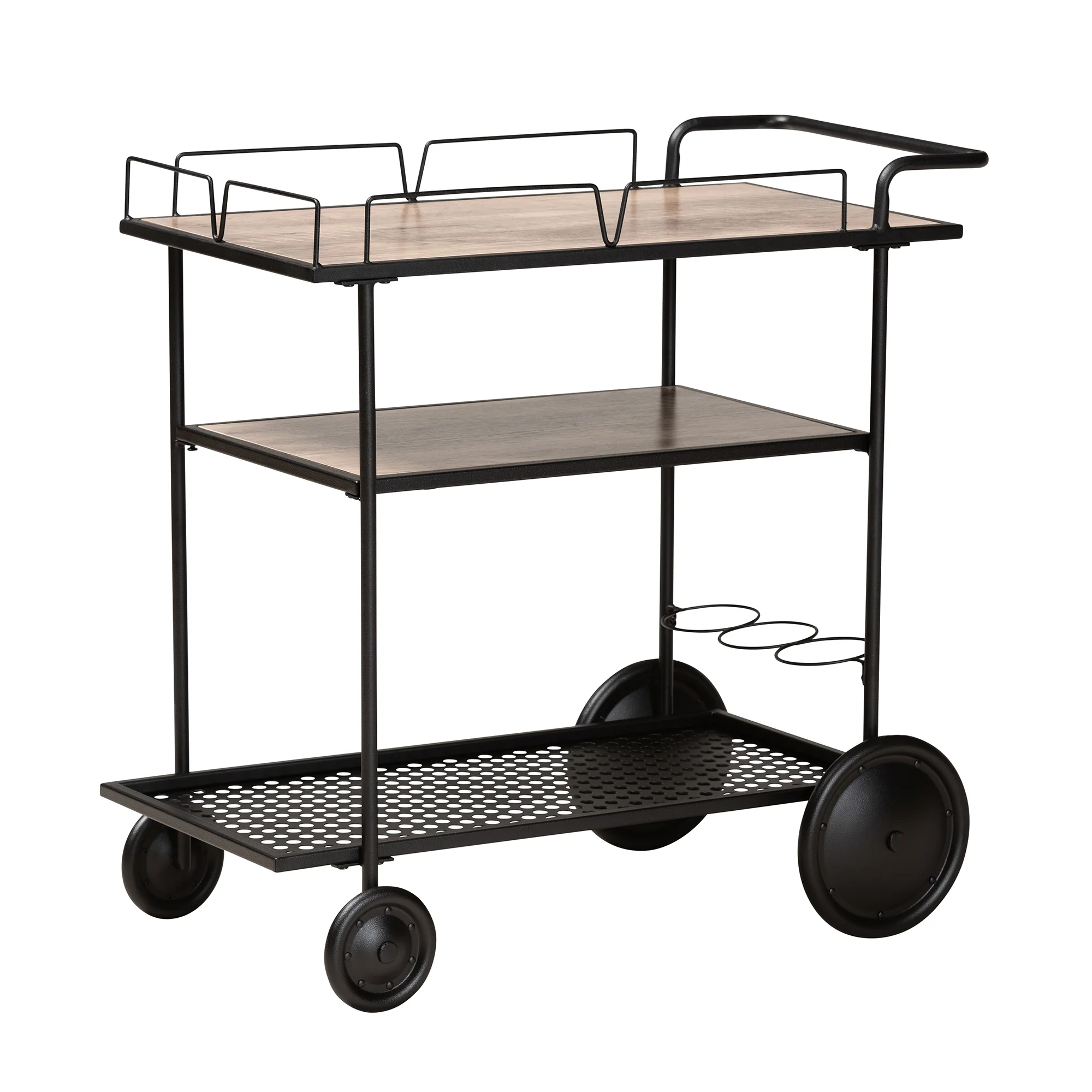 Baxton Studio Huntley Modern Industrial Walnut Brown Finished Wood and Black Metal Mobile Wine Cart - Image 2